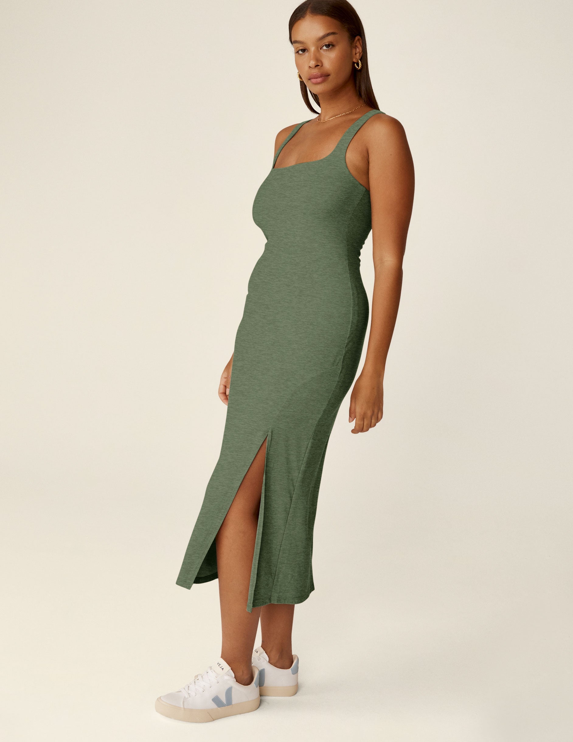 Featherweight Square Neck Midi Dress: Soft, Stylish, Versatile with Side Slit