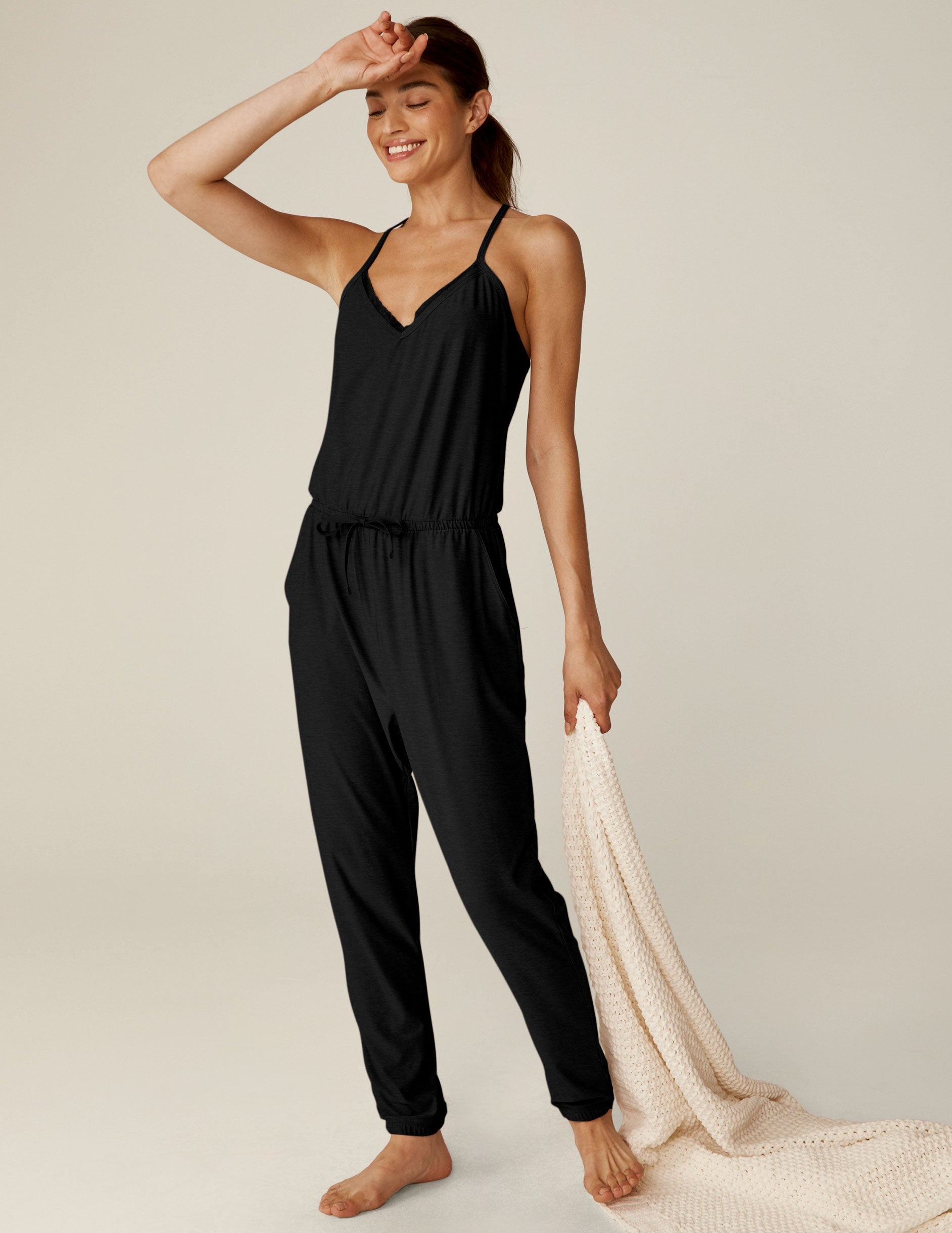 Soft Featherweight Dream Lace Racerback Jumpsuit with Pockets for Lounging