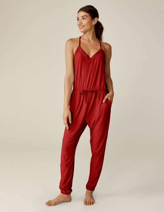 Luxurious Featherweight Lace Racerback Jumpsuit Ruby Red Heather Comfort Loungewear