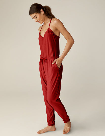 Luxurious Featherweight Lace Racerback Jumpsuit Ruby Red Heather Comfort Loungewear