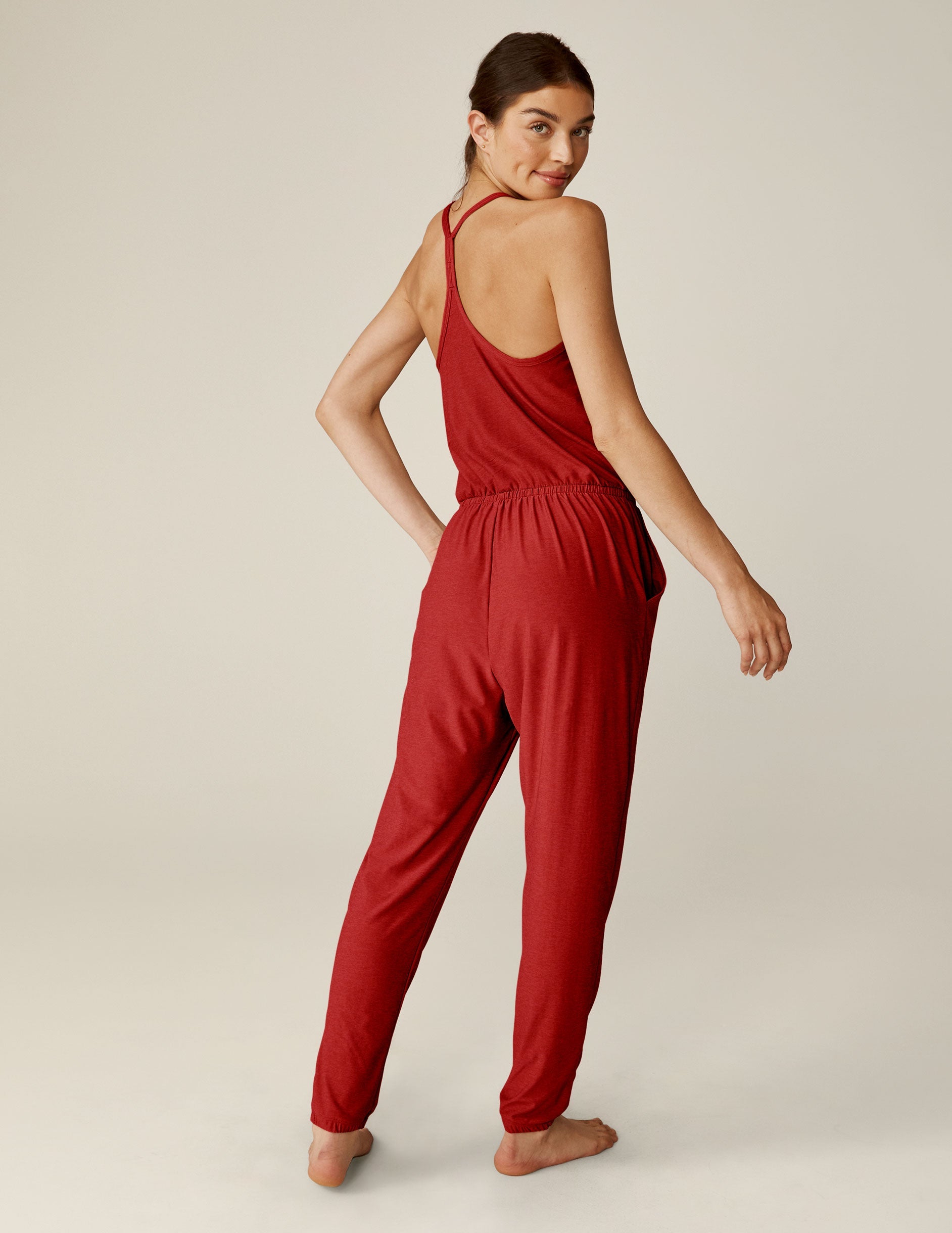 Luxurious Featherweight Lace Racerback Jumpsuit Ruby Red Heather Comfort Loungewear