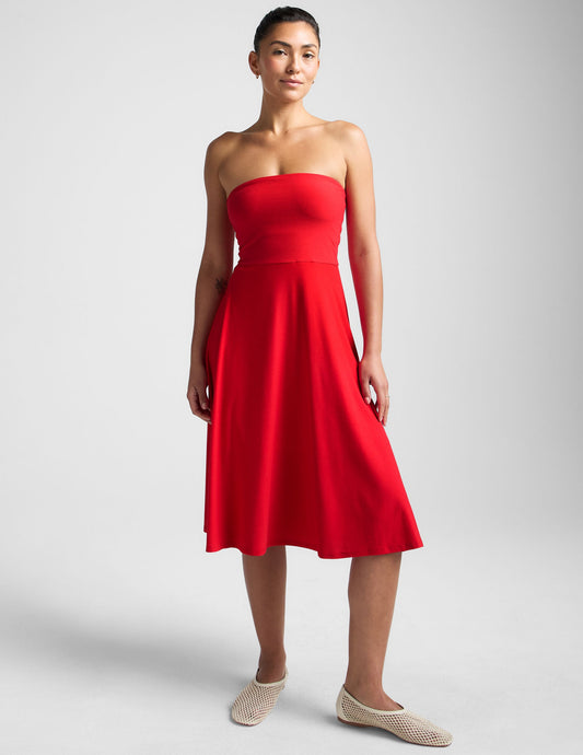 Featherweight Strapless Midi Dress: Built-in Bra, Flared Skirt, Ultimate Comfort