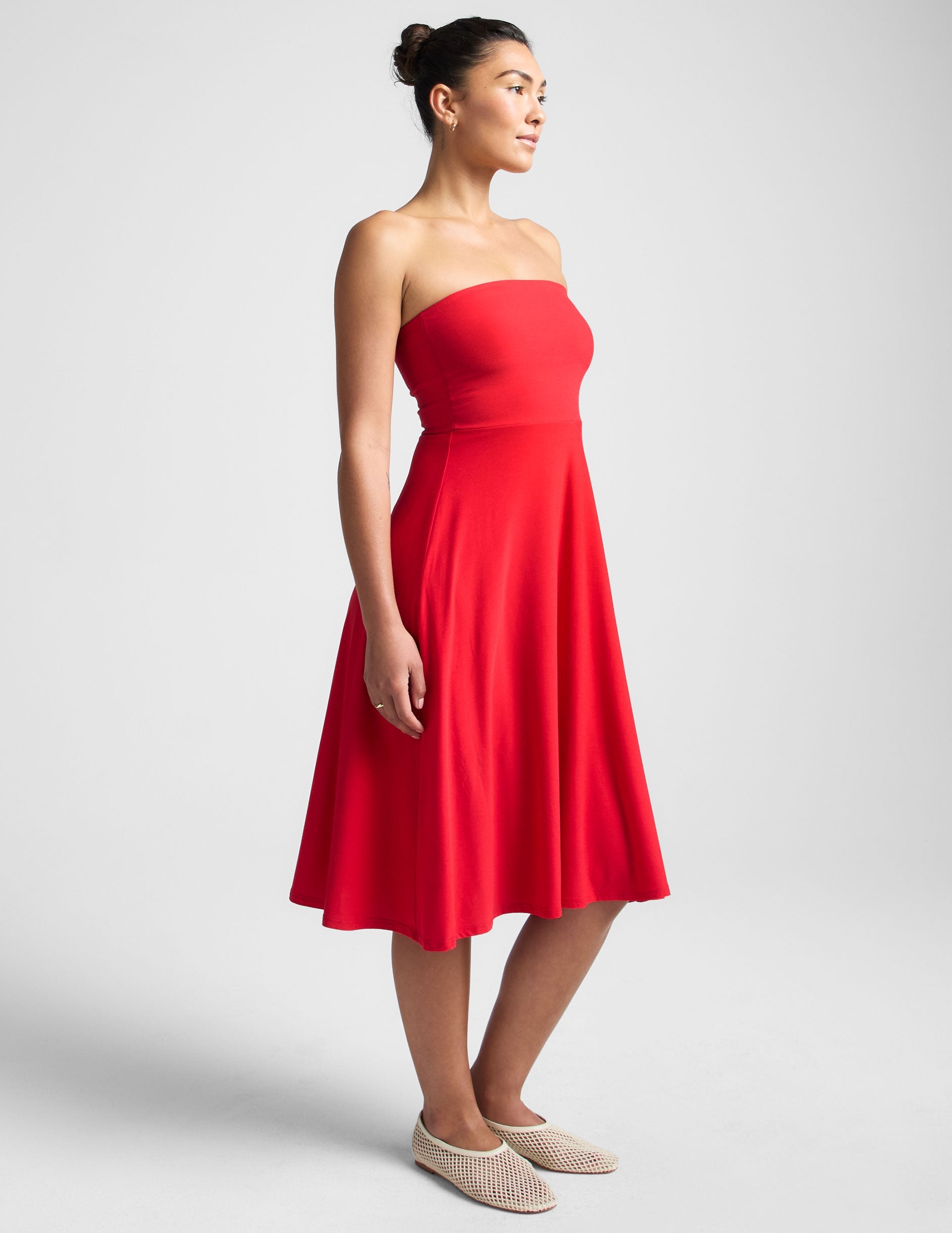 Featherweight Strapless Midi Dress: Built-in Bra, Flared Skirt, Ultimate Comfort