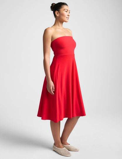 Featherweight Strapless Midi Dress: Built-in Bra, Flared Skirt, Ultimate Comfort