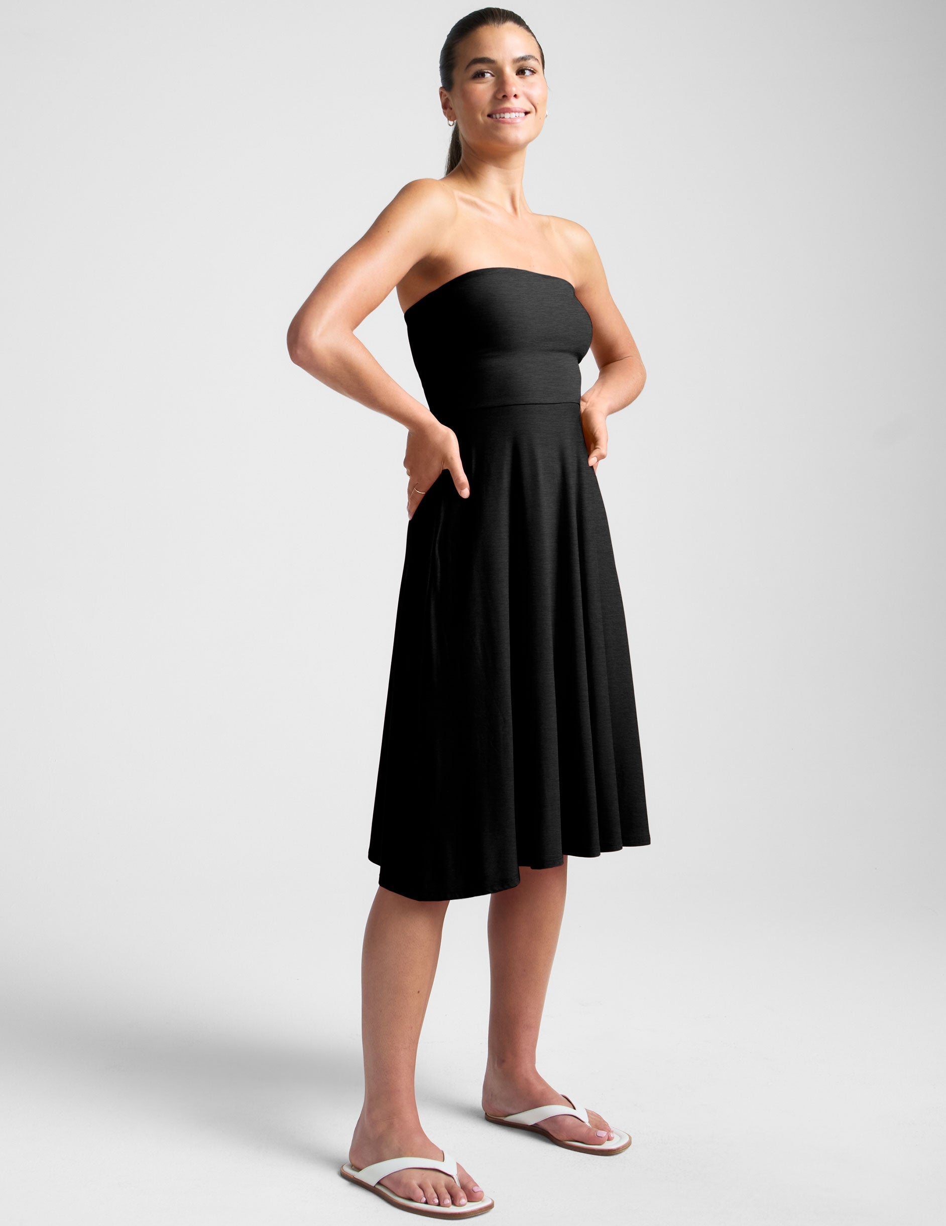 Featherweight Strapless Midi Dress with Built-in Bra and Pockets