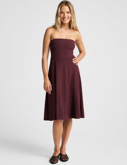 Featherweight Strapless Midi Dress with Built-in Bra and Flared Skirt