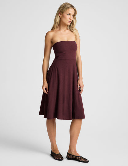 Featherweight Strapless Midi Dress with Built-in Bra and Flared Skirt