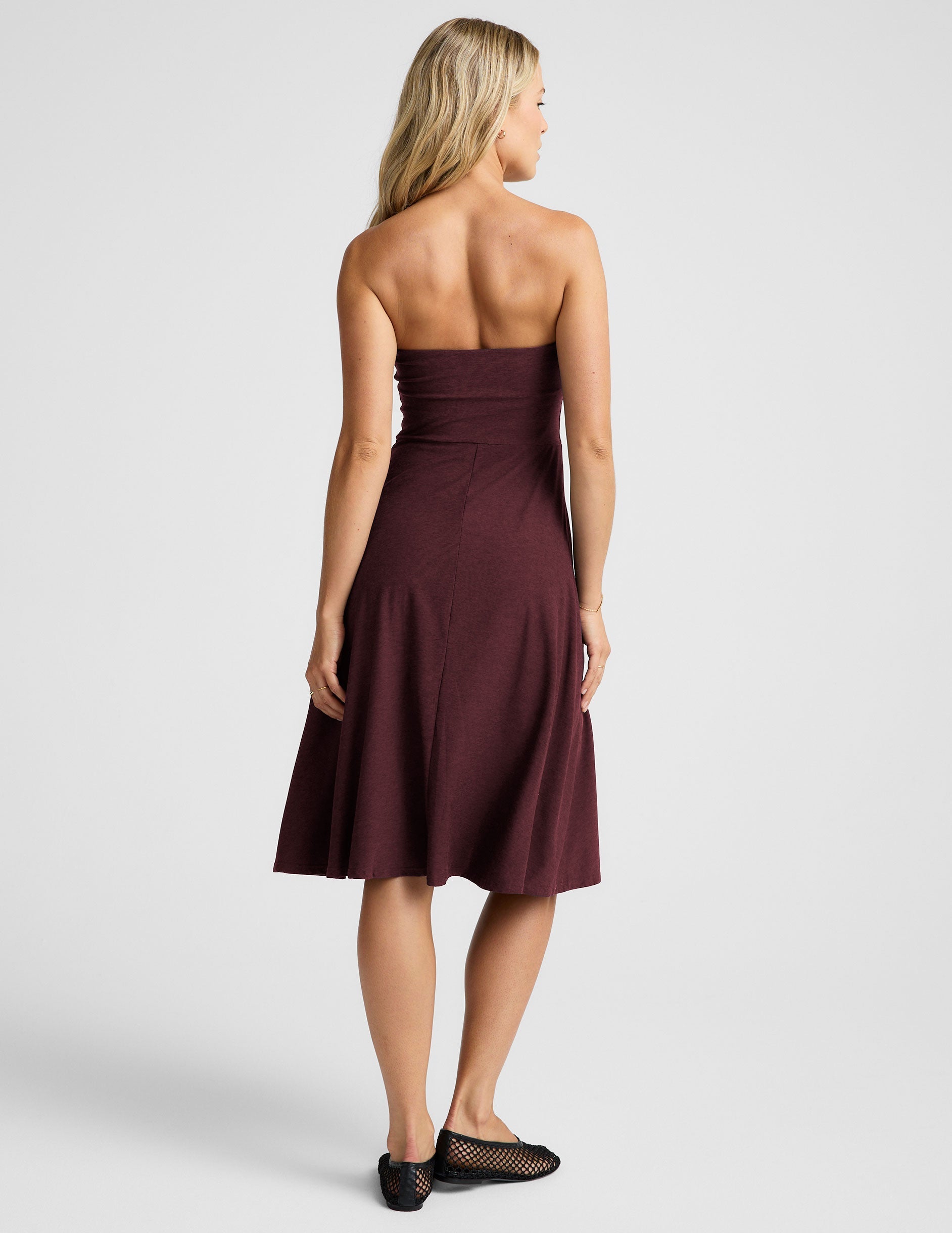Featherweight Strapless Midi Dress with Built-in Bra and Flared Skirt