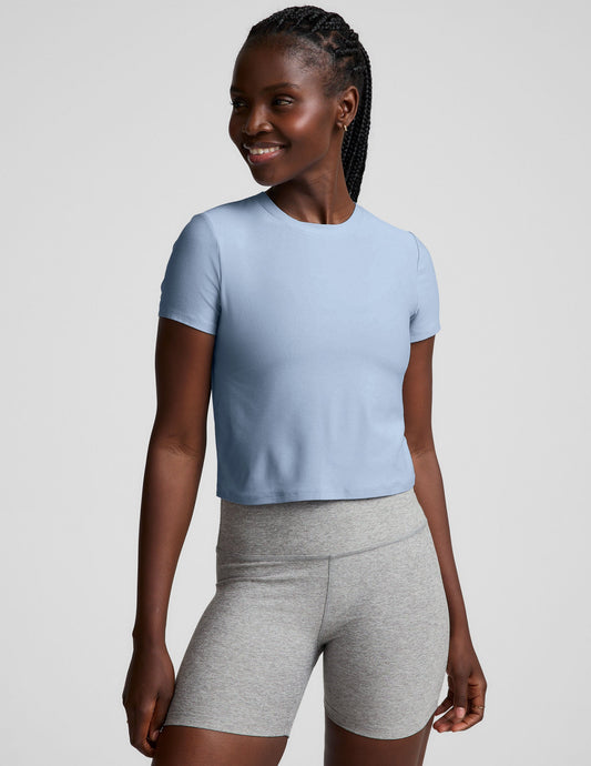 Ultra-Soft Featherweight Cropped Tee: Blue Zen Heather Fitted Short Sleeve Top