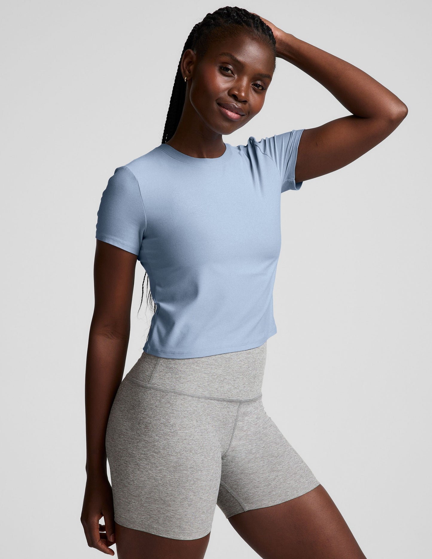 Ultra-Soft Featherweight Cropped Tee: Blue Zen Heather Fitted Short Sleeve Top
