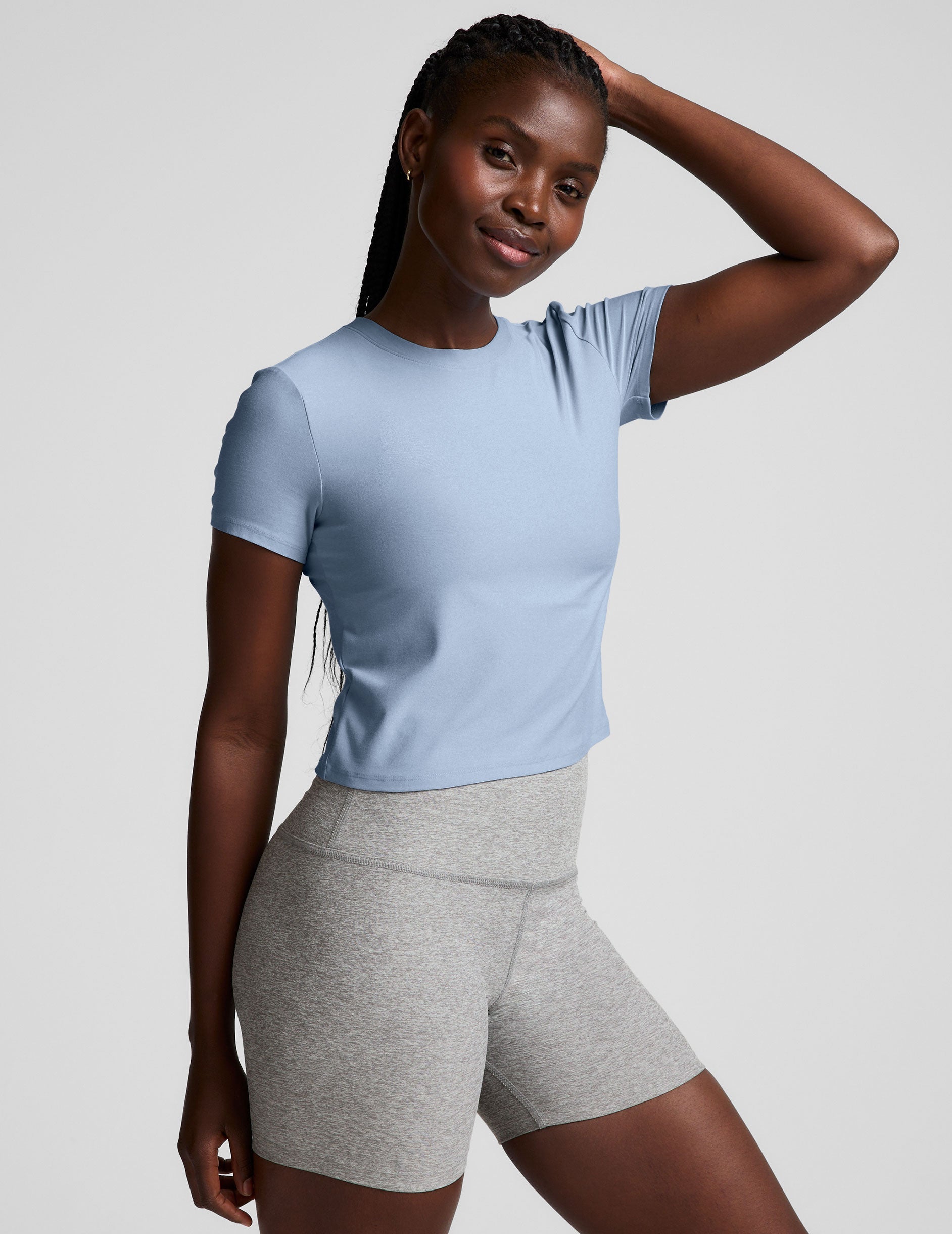 Ultra-Soft Featherweight Cropped Tee: Blue Zen Heather Fitted Short Sleeve Top