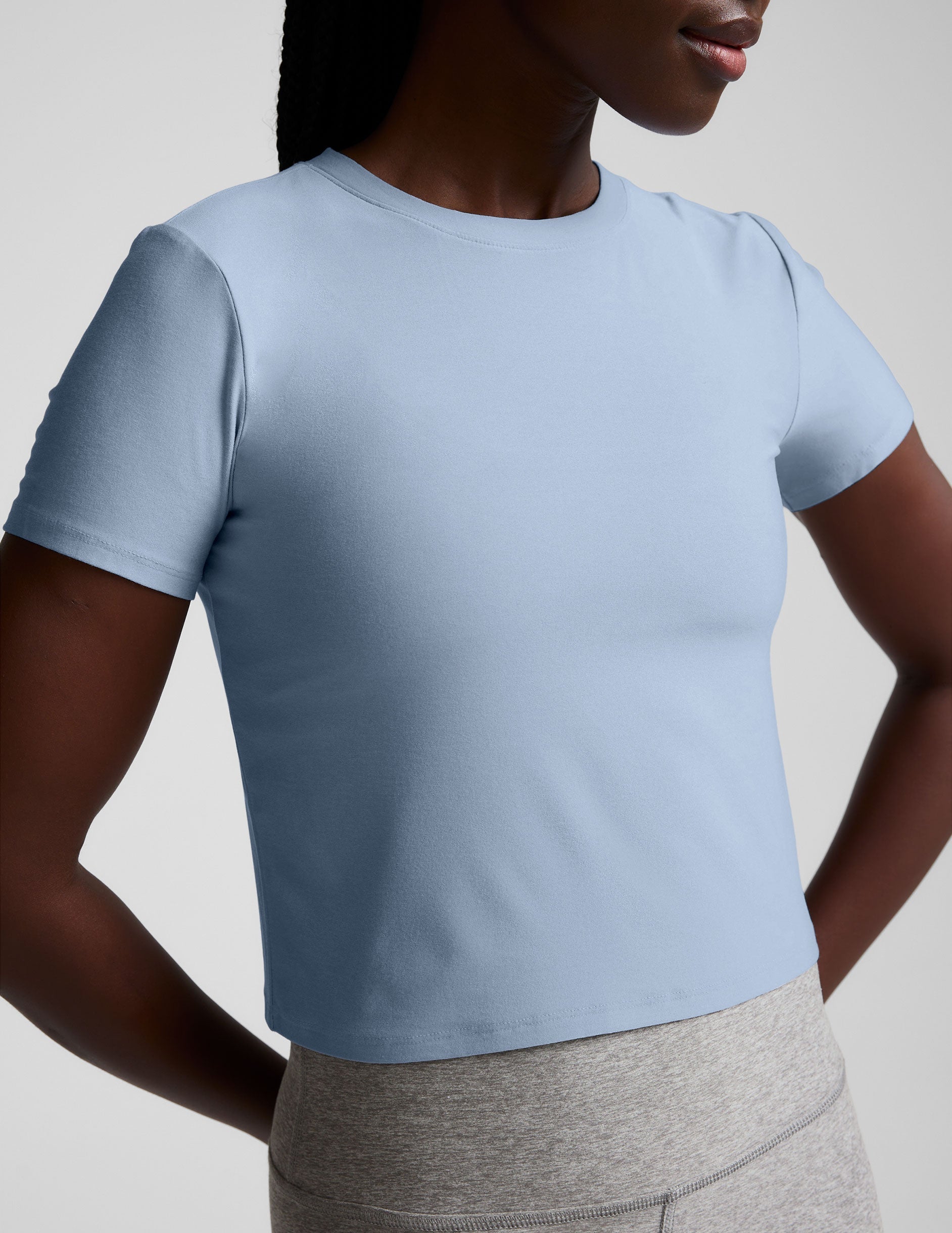 Ultra-Soft Featherweight Cropped Tee: Blue Zen Heather Fitted Short Sleeve Top