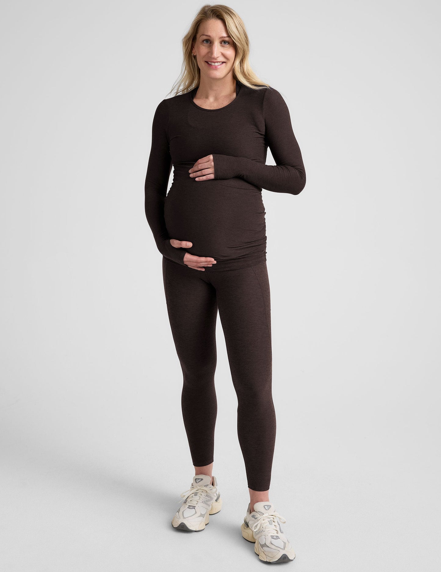 Soft Featherweight Crew Neck Maternity Pullover Top with Thumbholes