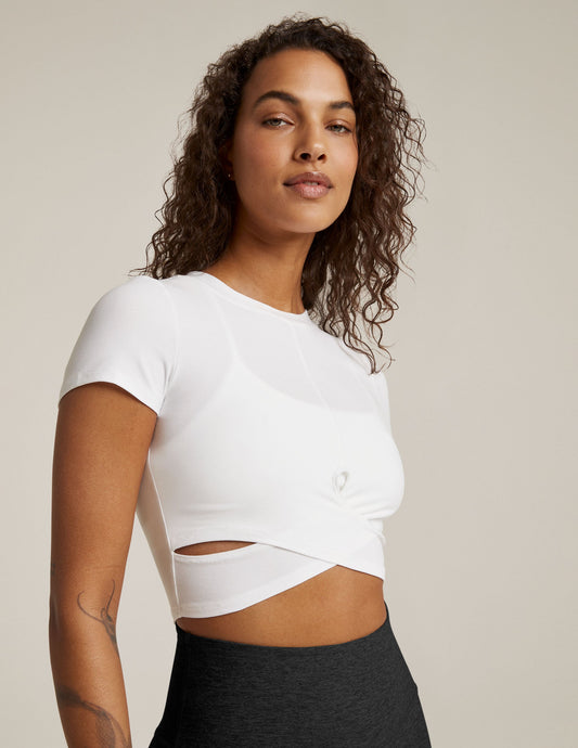 Featherweight Spacedye Cropped Tee: Ultra-Soft, Criss-Cross, Versatile Activewear Top