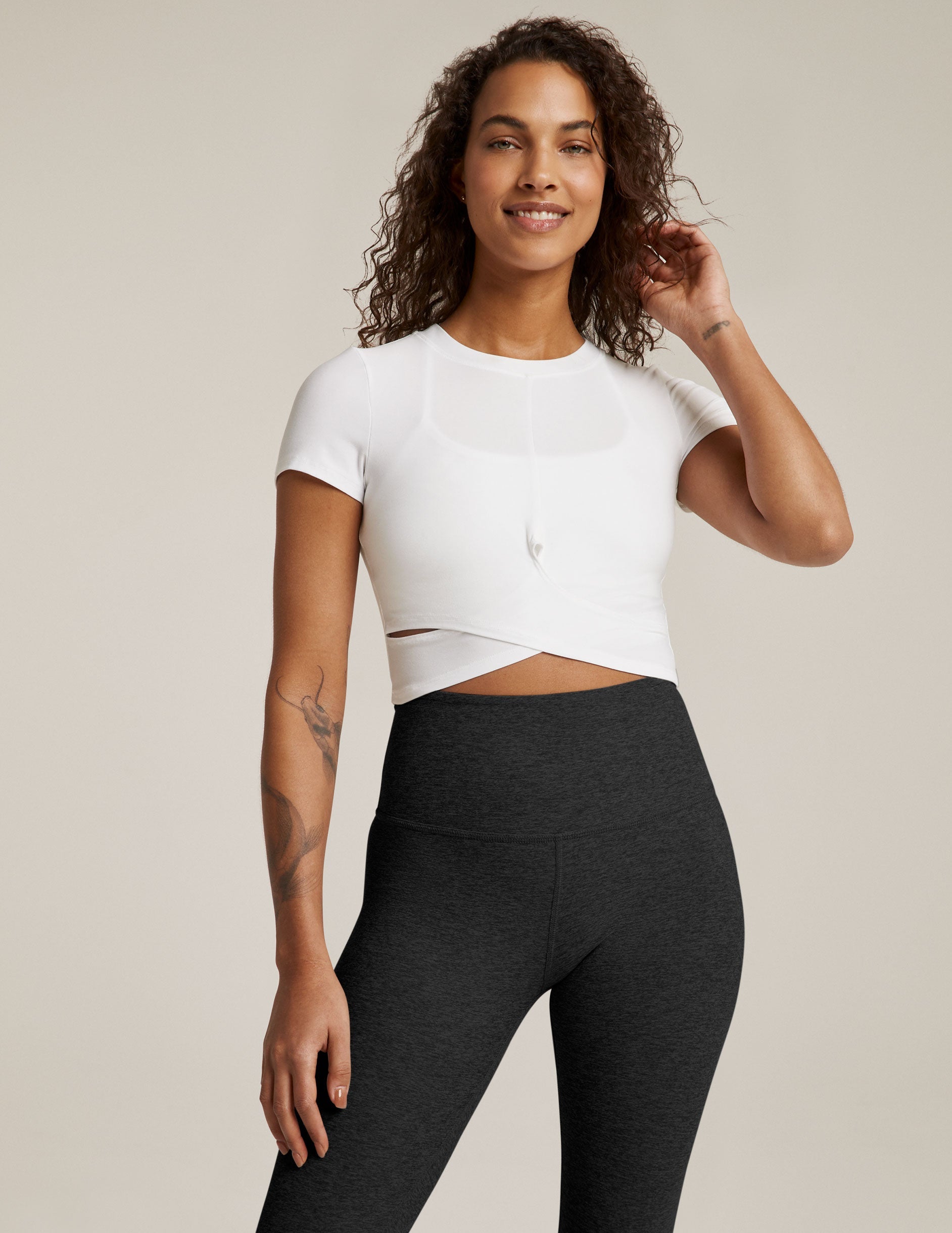 Featherweight Spacedye Cropped Tee: Ultra-Soft, Criss-Cross, Versatile Activewear Top