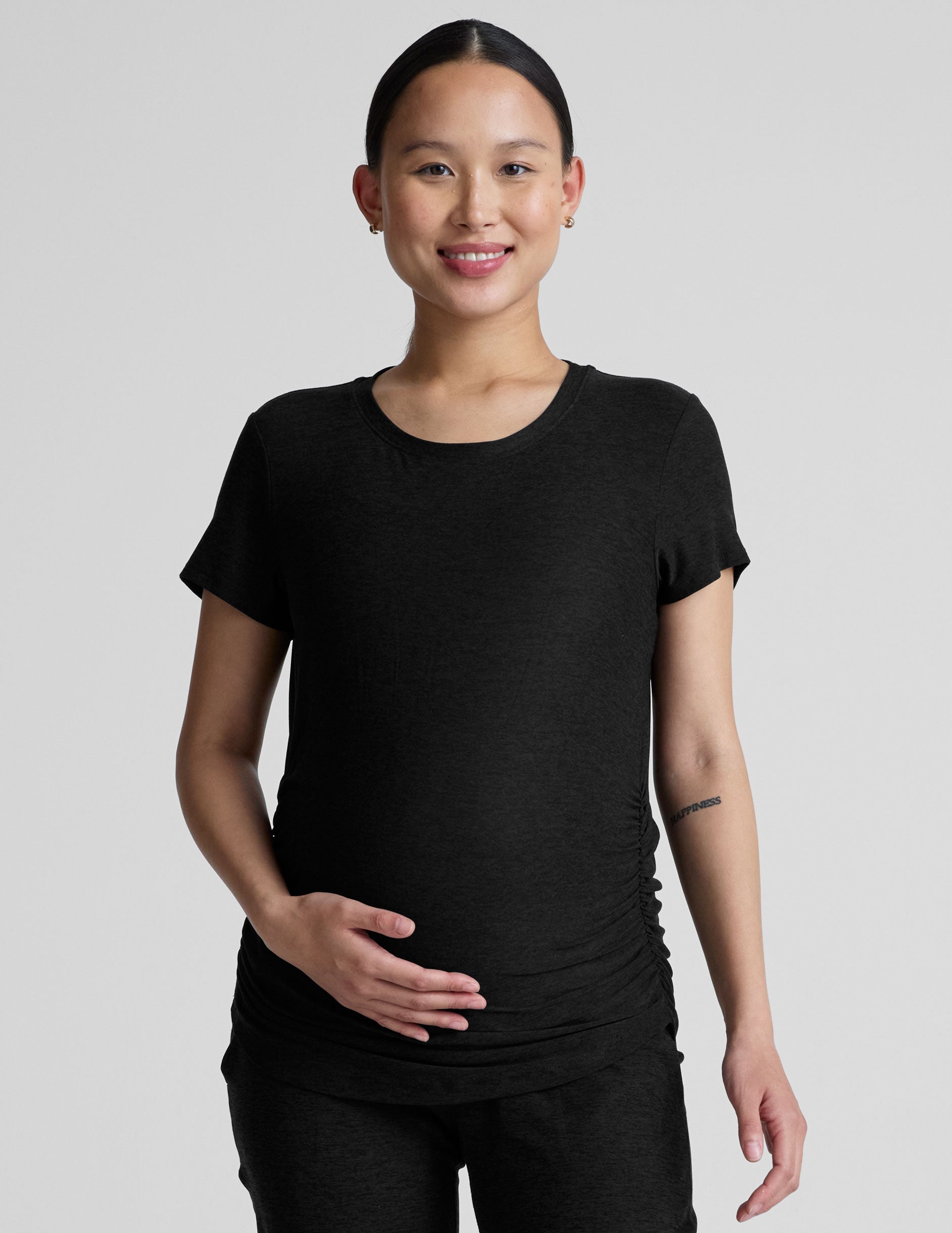 Featherweight Soft Maternity Tee, Ruched Sides, Long Length, Everyday Comfort