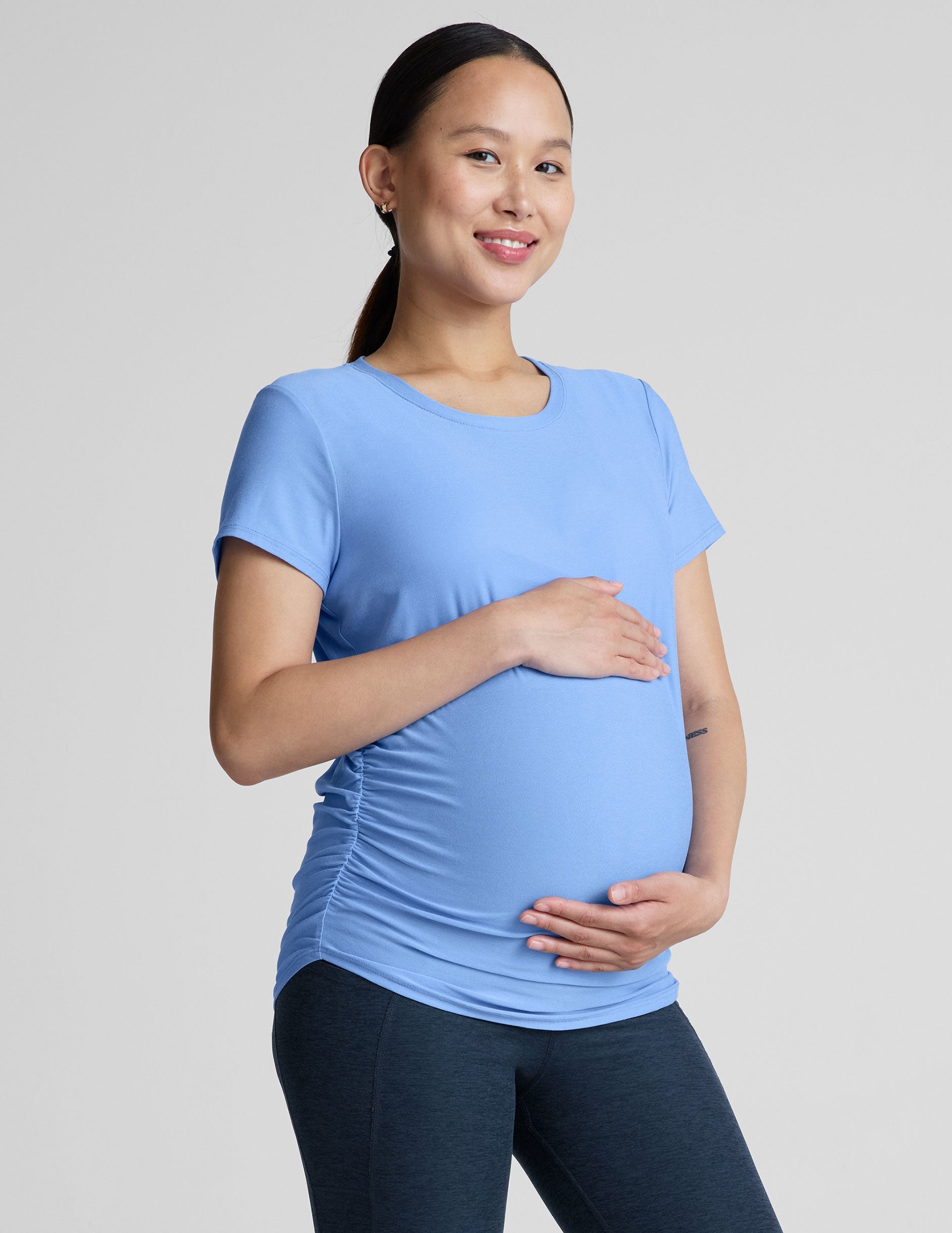 Featherweight Soft Maternity Tee: Comfortable Blue Heather Short Sleeve Top