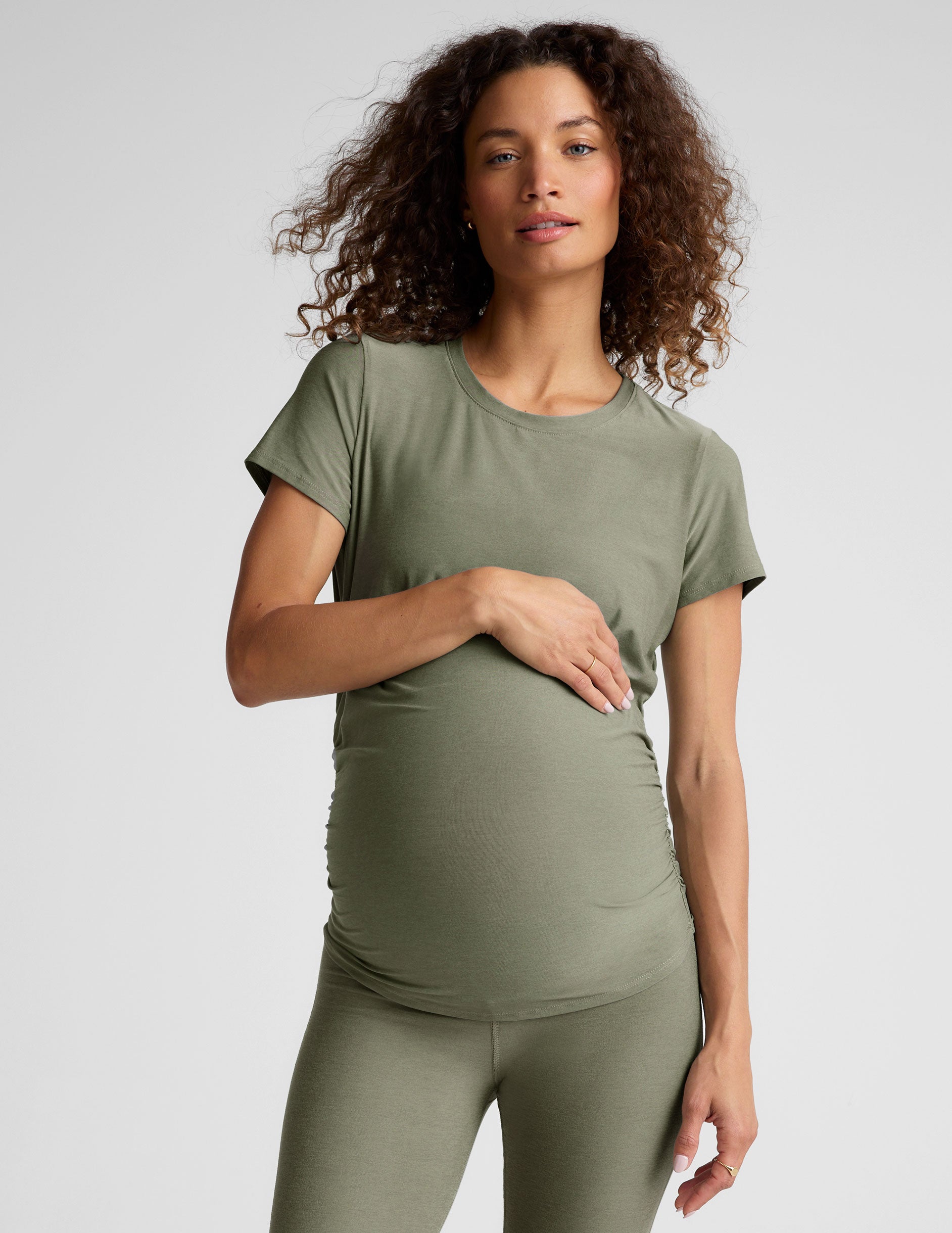 Featherweight Soft Maternity Tee: Short Sleeve, Long Length, Ruched, Comfortable Fit