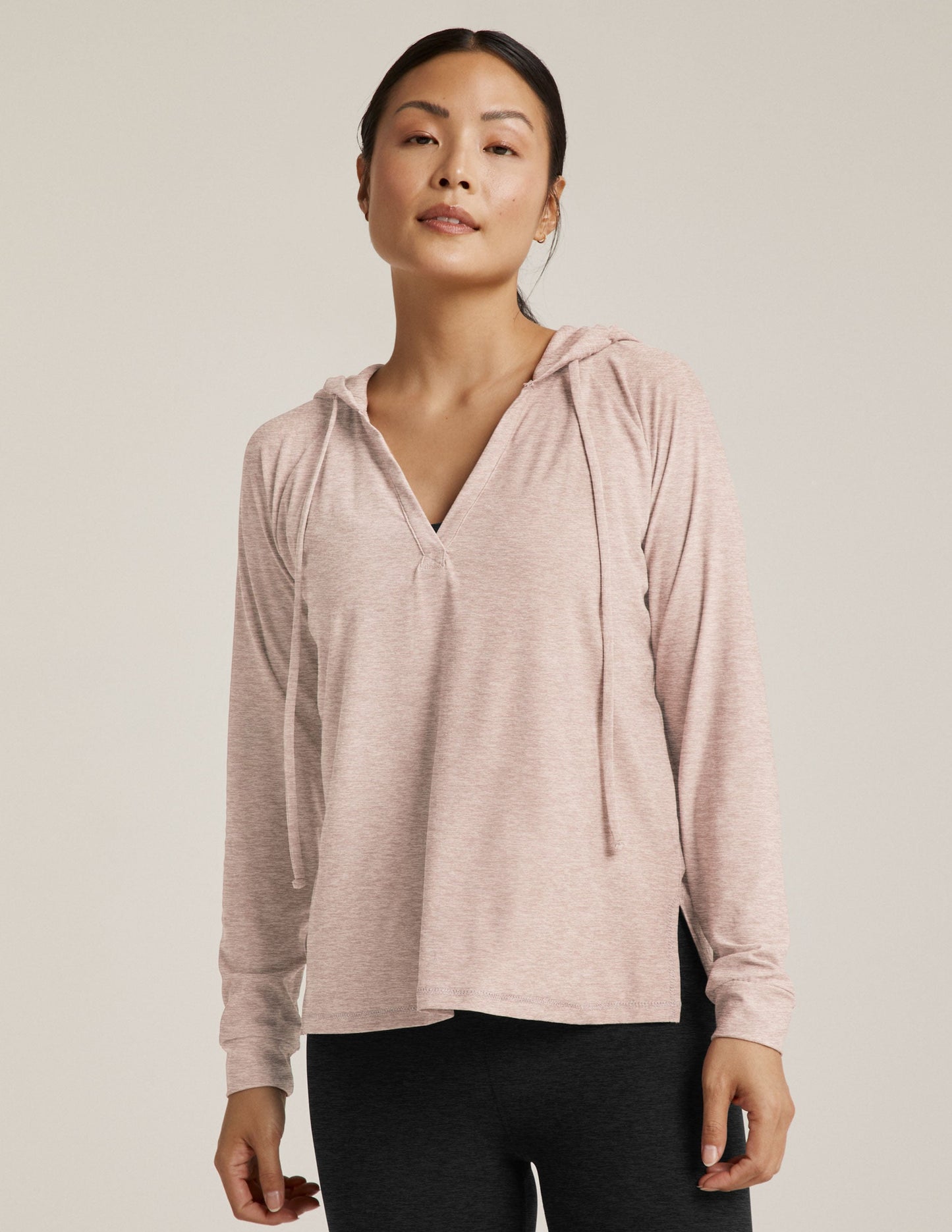 Featherweight Spacedye V-Neck Hoodie: Lightweight Relaxed Fit Long Sleeve Top