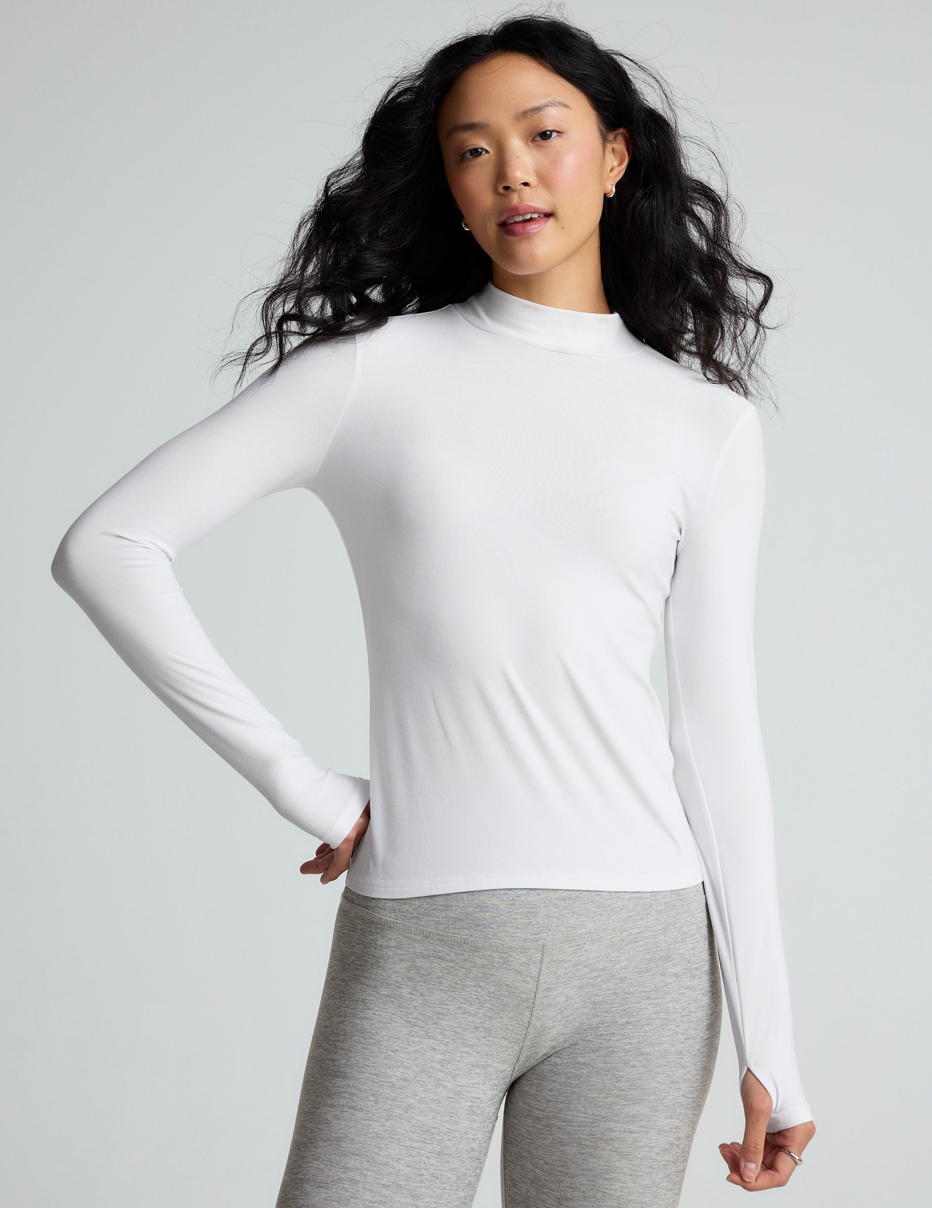 Featherweight Cloud White Mock Neck Pullover Top with Thumbholes