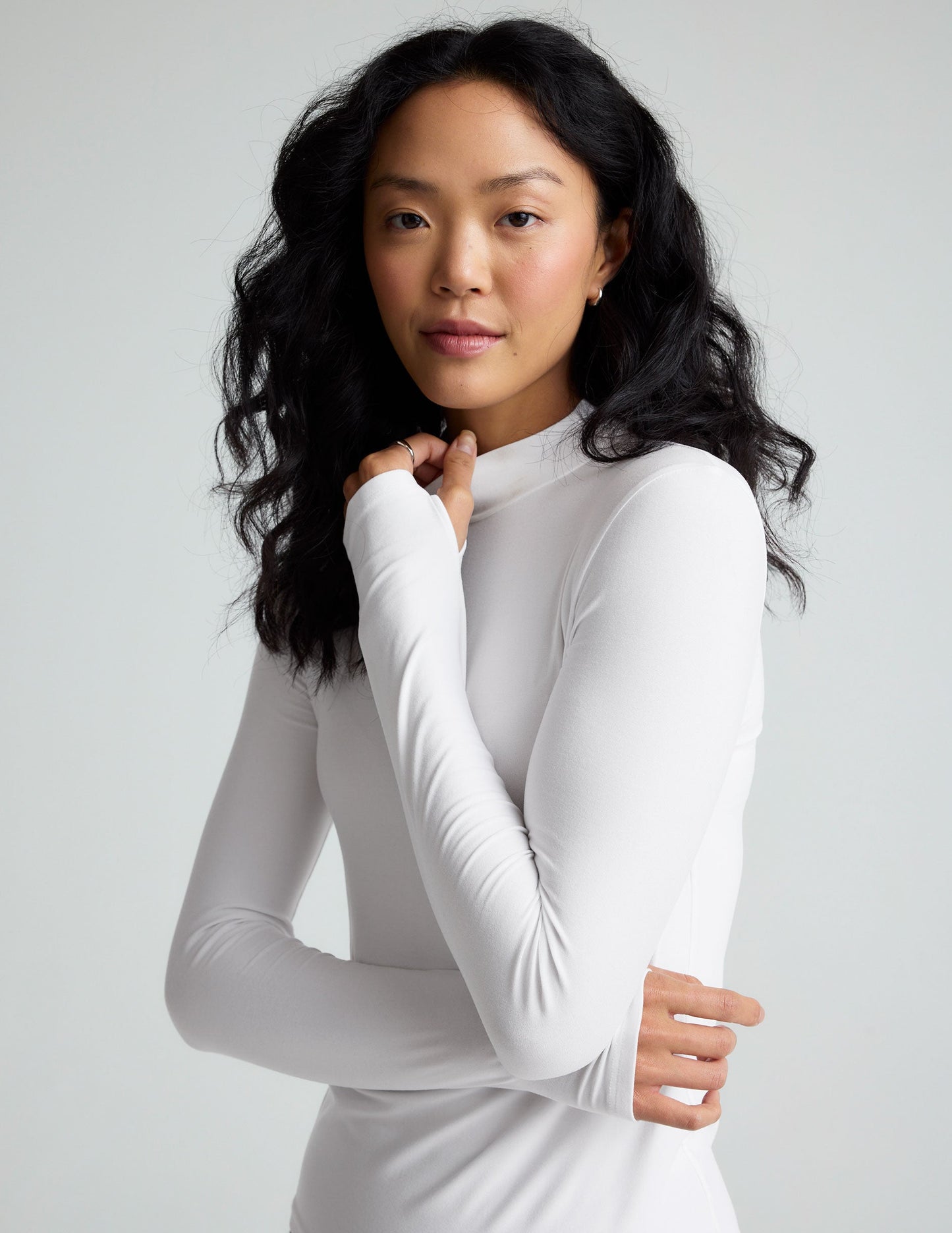 Featherweight Cloud White Mock Neck Pullover Top with Thumbholes