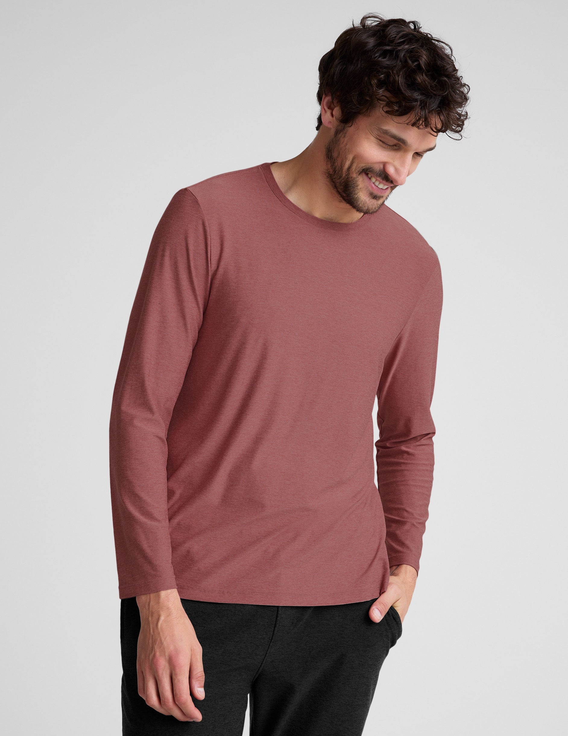 Men's Lightweight Ribbed Crew Neck Long Sleeve Top, Everyday Versatile Comfort