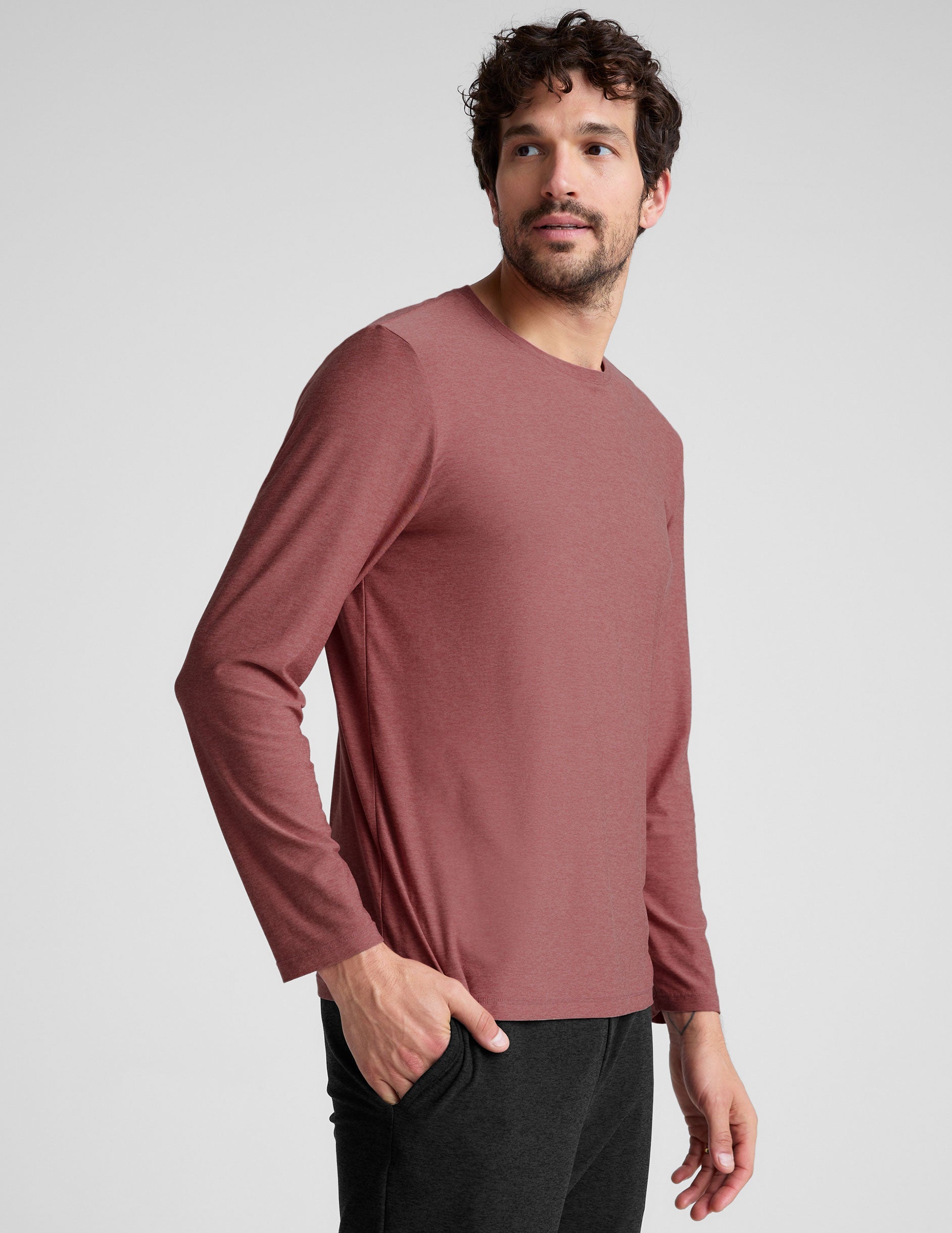 Men's Lightweight Ribbed Crew Neck Long Sleeve Top, Everyday Versatile Comfort