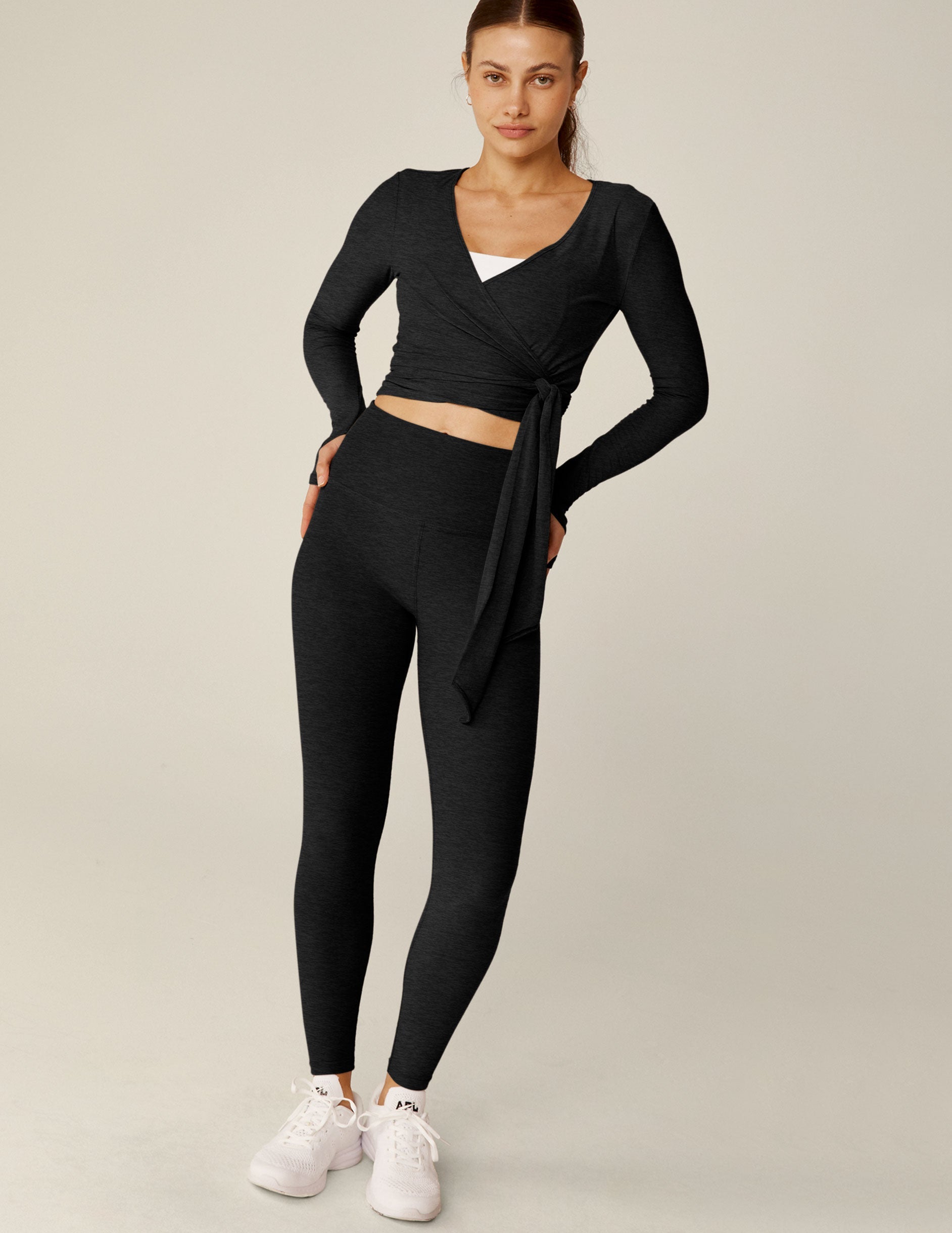 Featherweight Spacedye V-Neck Wrap Top with Thumbholes and Tie Waist