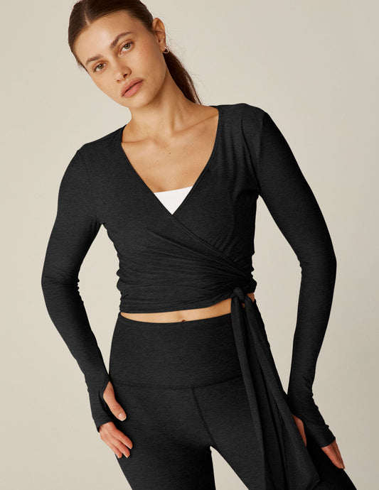 Featherweight Spacedye V-Neck Wrap Top with Thumbholes and Tie Waist