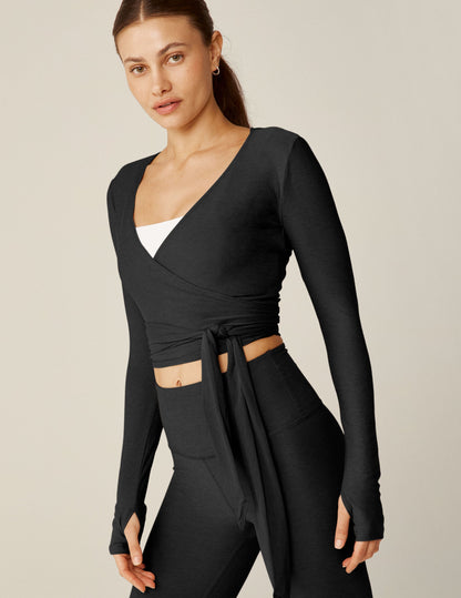 Featherweight Spacedye V-Neck Wrap Top with Thumbholes and Tie Waist