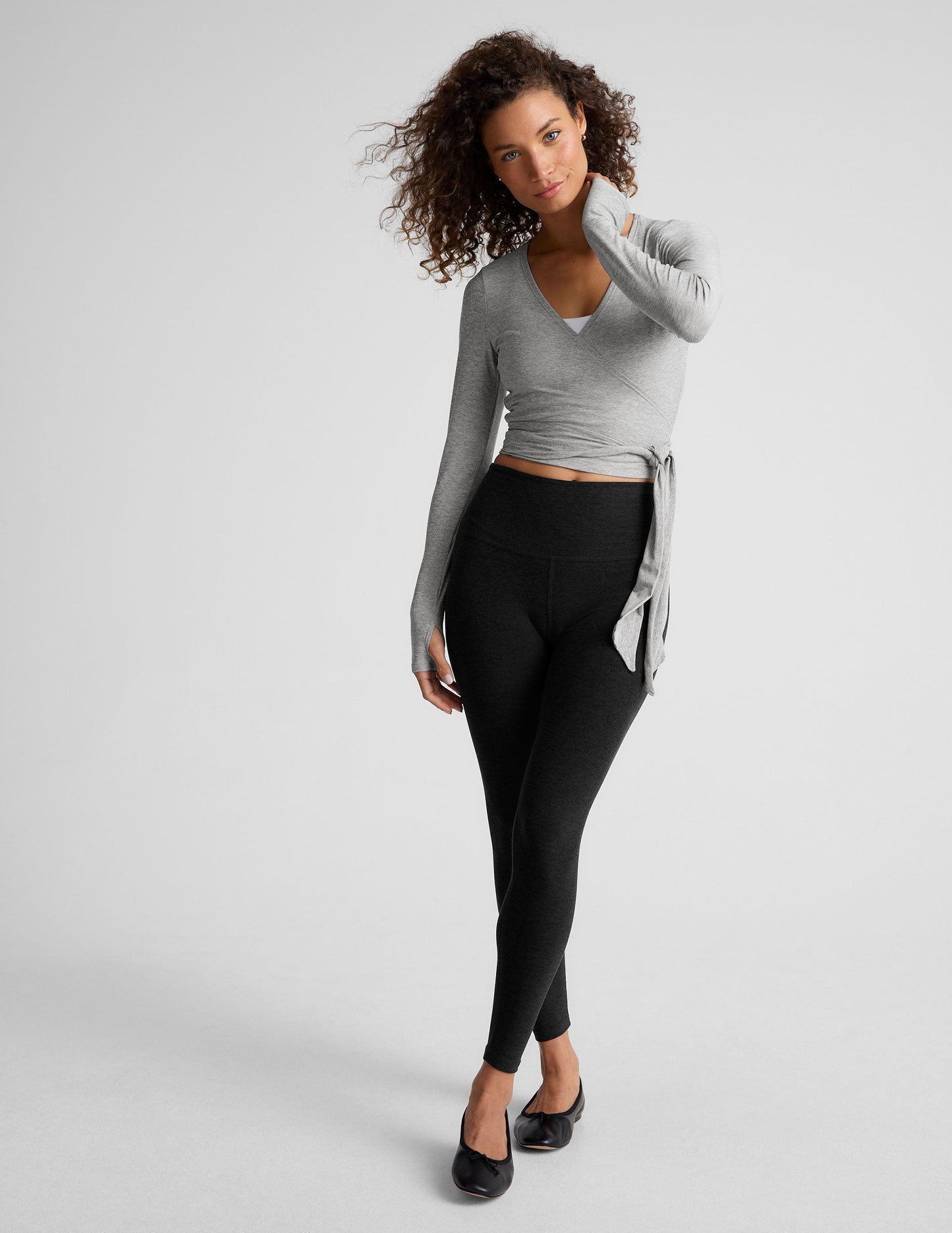 Featherweight Spacedye Moisture-Wicking Wrap Top with Thumbholes for Active Comfort