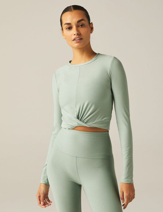 Soft Featherweight Cropped Long Sleeve Pullover with Stylish Front Crossover Detail