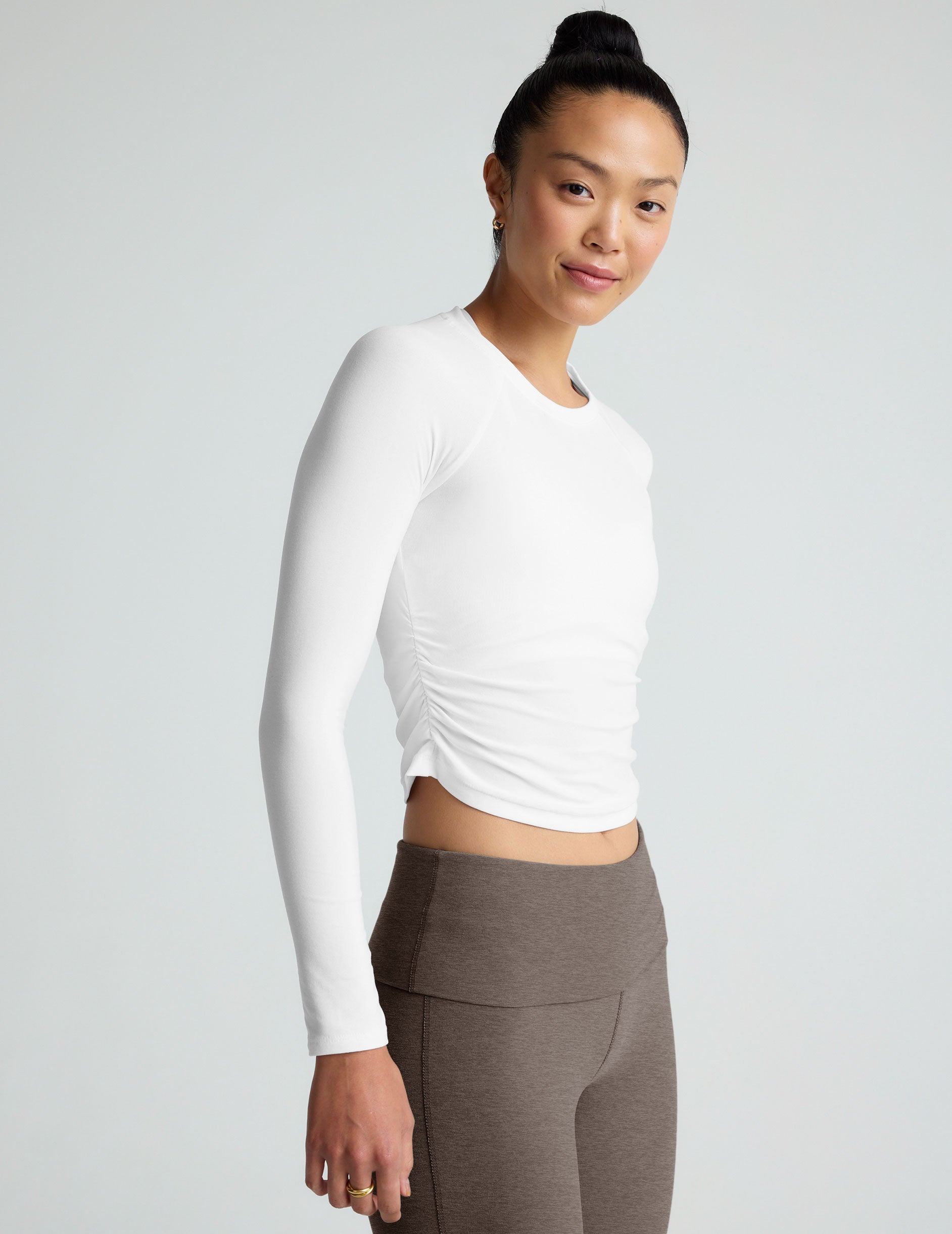 Cloud White Featherweight Shirred Long Sleeve Top, Soft Stretch Fit