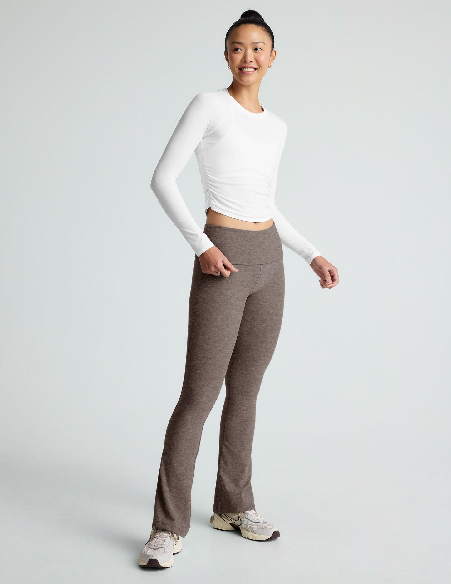 Cloud White Featherweight Shirred Long Sleeve Top, Soft Stretch Fit