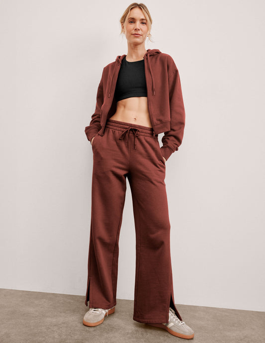 Cozy LuxeFleece Side Slit Wide Leg Sweatpants with Drawcord Mid-Rise Waist