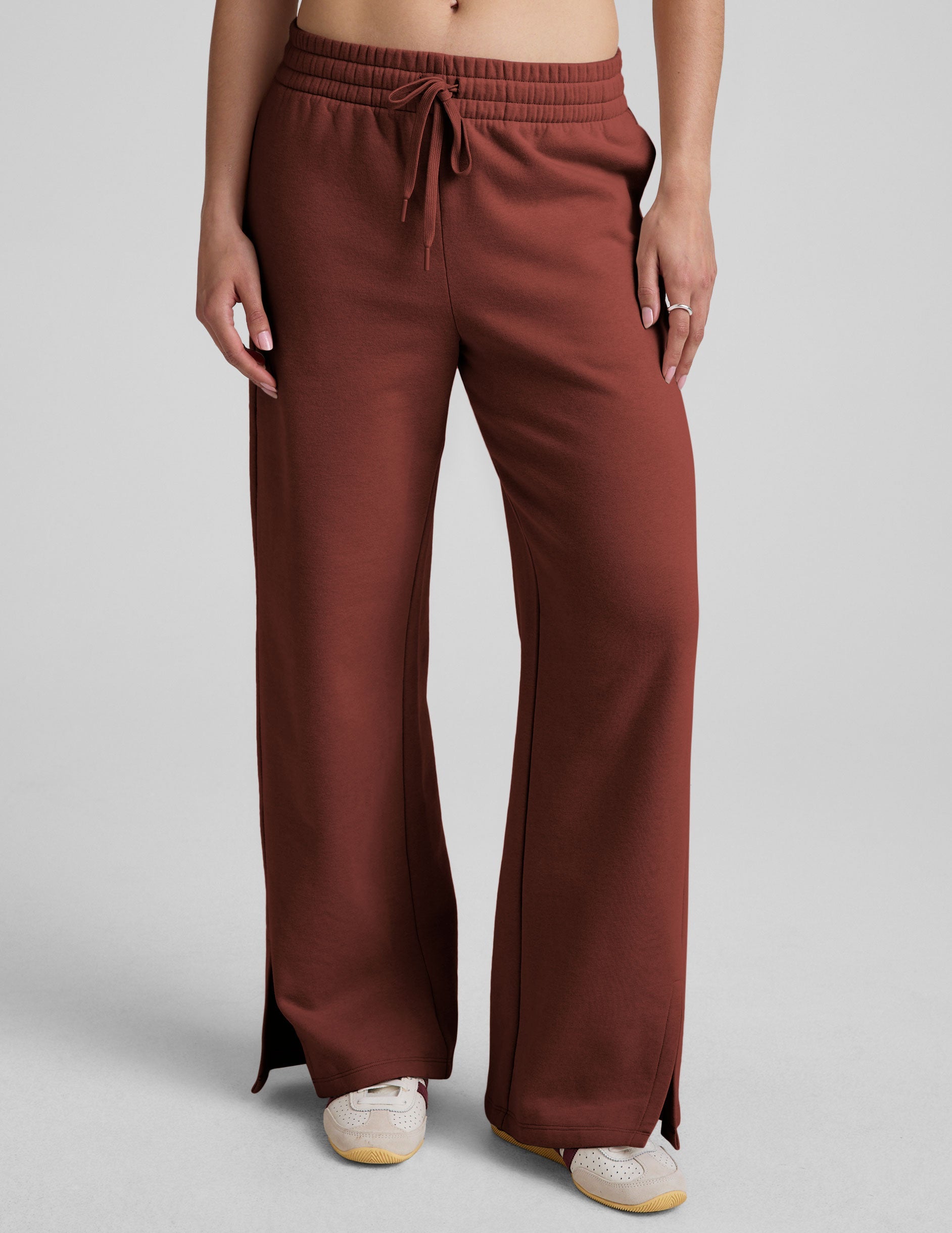 Cozy LuxeFleece Side Slit Wide Leg Sweatpants with Drawcord Mid-Rise Waist