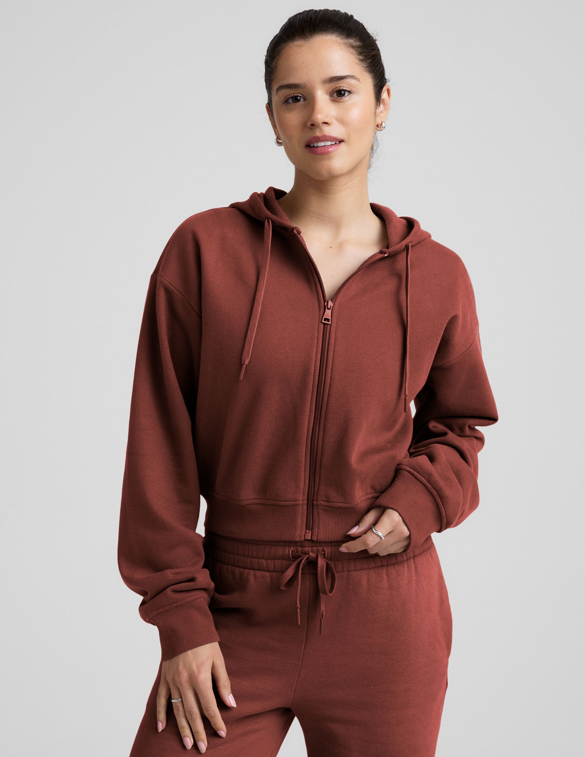 Cozy LuxeFleece Full Zip Hoodie with Drawstring Hood and Ribbed Details