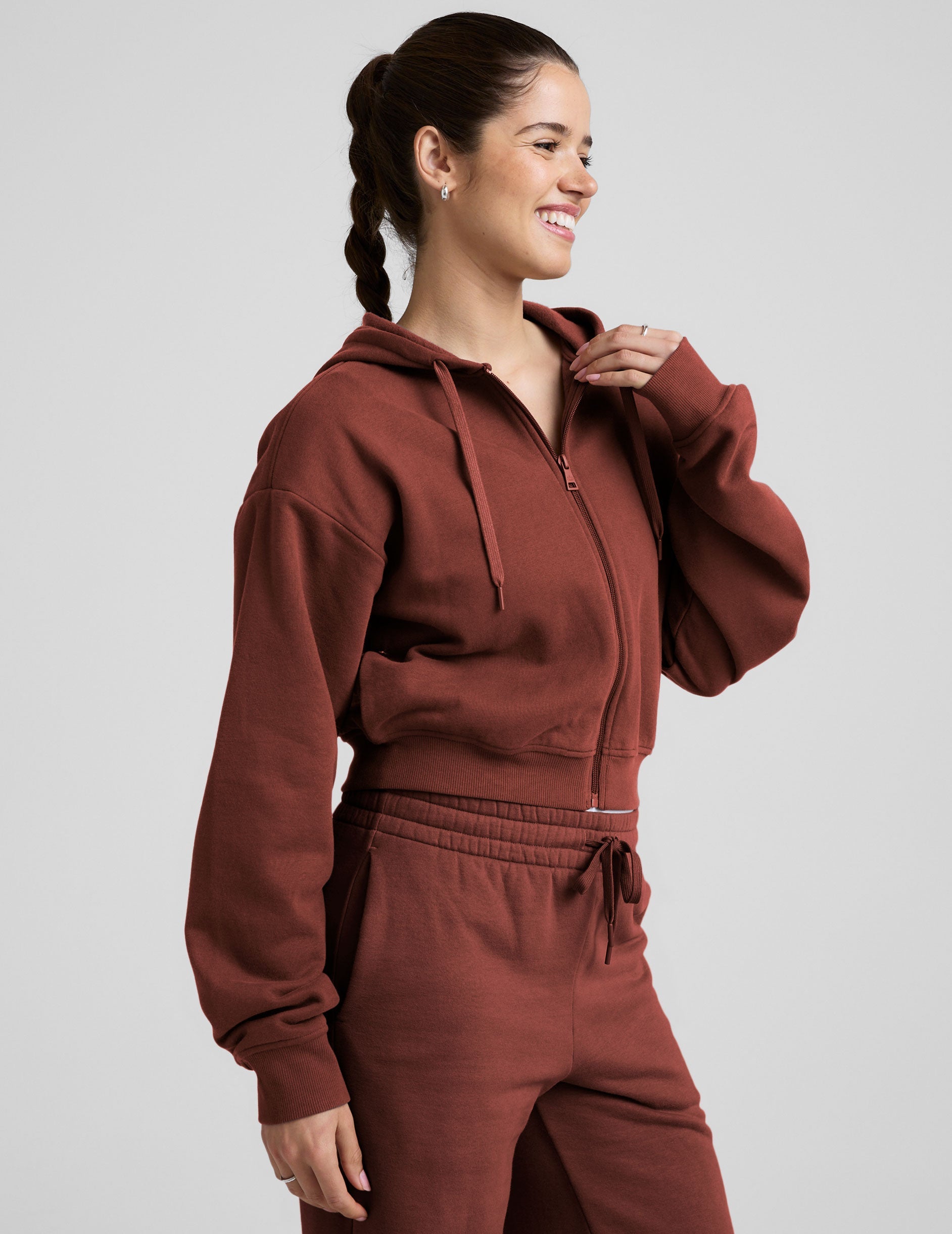 Cozy LuxeFleece Full Zip Hoodie with Drawstring Hood and Ribbed Details