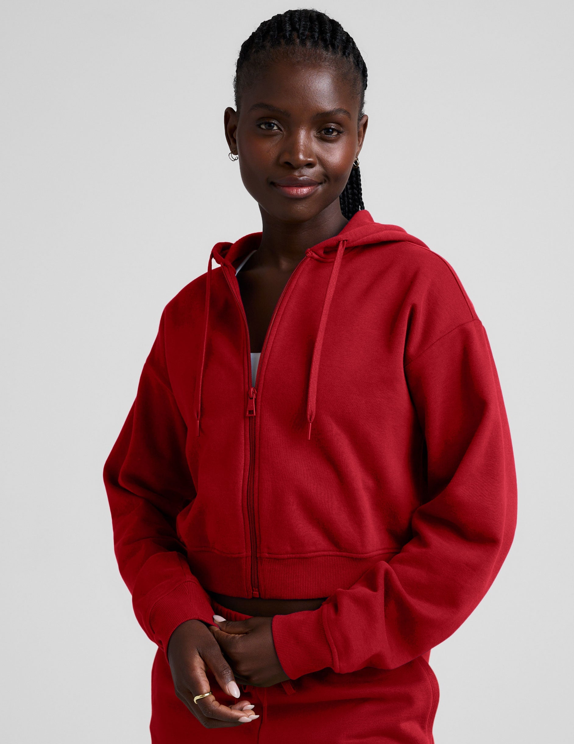 Soft LuxeFleece Holly Red Zip-Up Hoodie - Cozy, Relaxed Fit, Drawstring