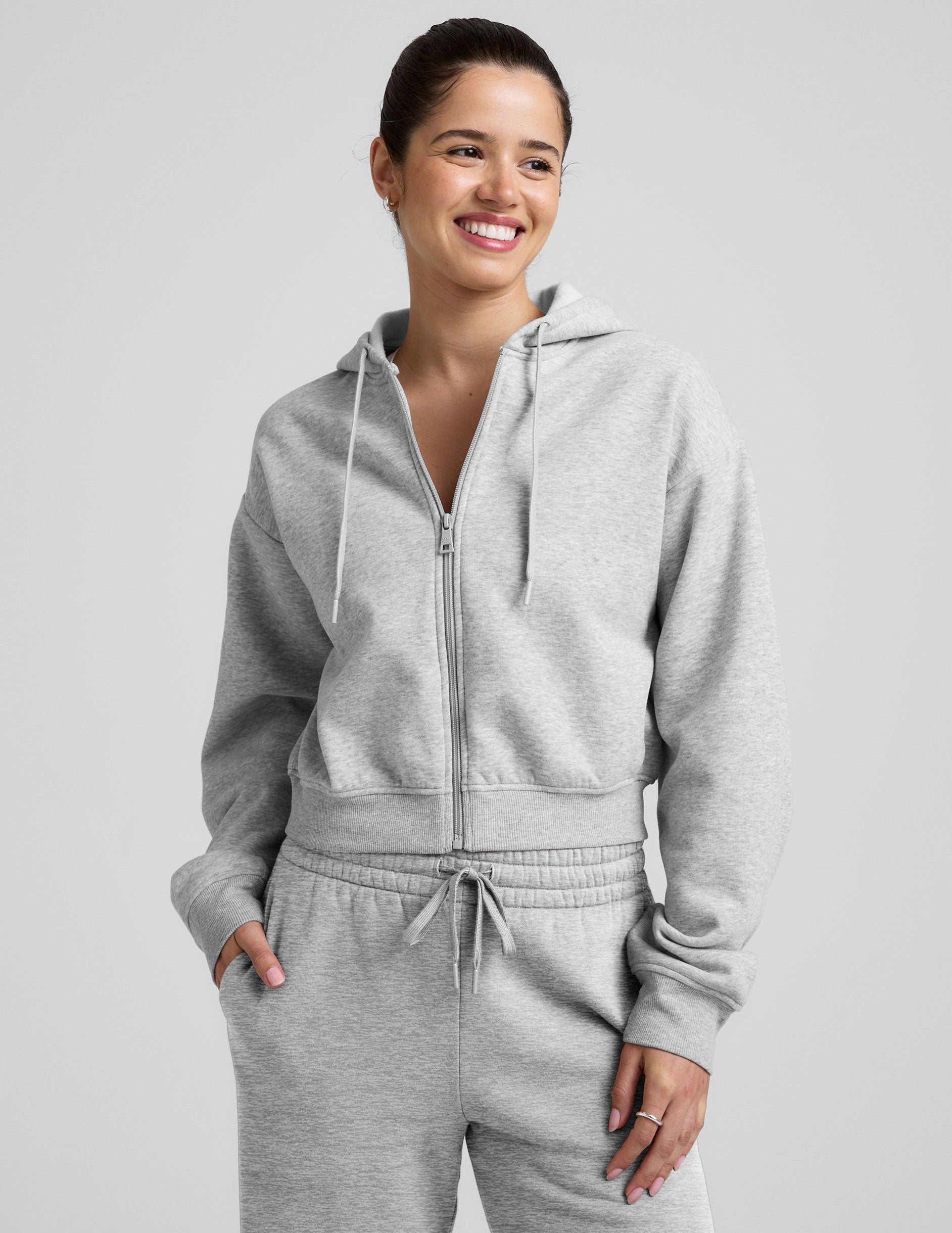 Cozy LuxeFleece Light Heather Gray Zip-Up Hoodie – Relaxed Fit, Drawstring Hood