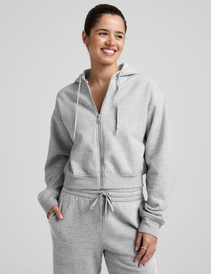 Cozy LuxeFleece Light Heather Gray Zip-Up Hoodie – Relaxed Fit, Drawstring Hood