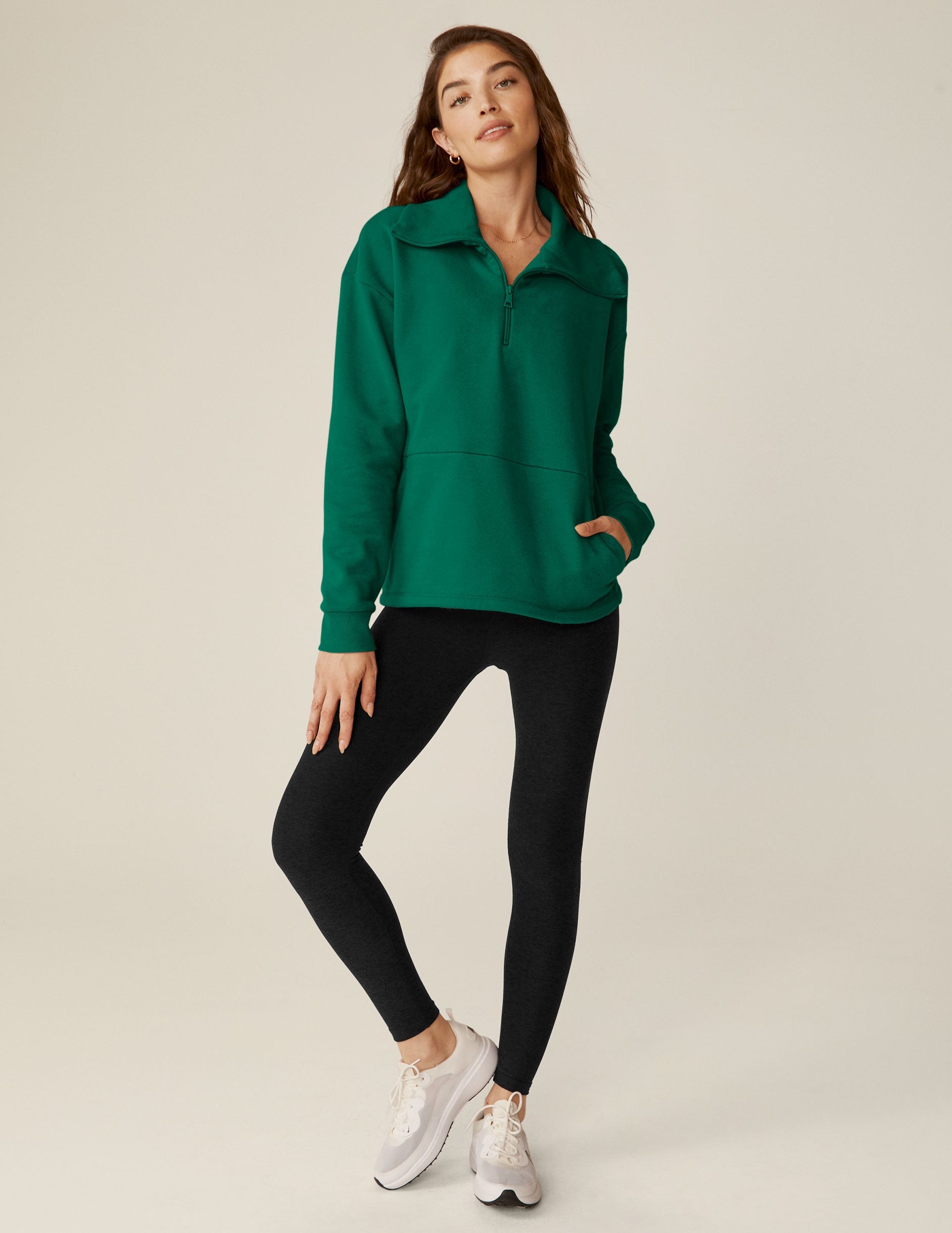 Cozy Meadow Green Quarter-Zip Pullover: LuxeFleece Comfort, Relaxed Fit, Kangaroo Pocket
