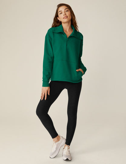 Cozy Meadow Green Quarter-Zip Pullover: LuxeFleece Comfort, Relaxed Fit, Kangaroo Pocket
