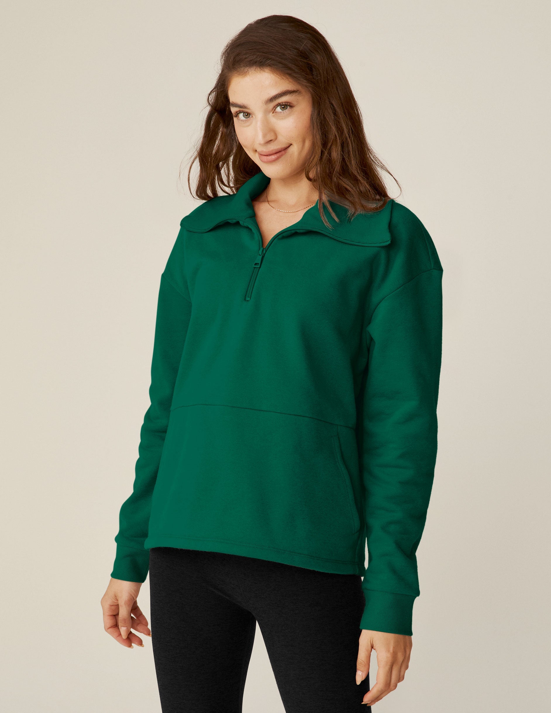 Cozy Meadow Green Quarter-Zip Pullover: LuxeFleece Comfort, Relaxed Fit, Kangaroo Pocket