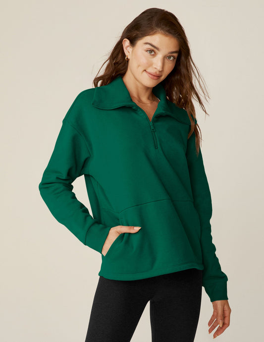 Cozy Meadow Green Quarter-Zip Pullover: LuxeFleece Comfort, Relaxed Fit, Kangaroo Pocket