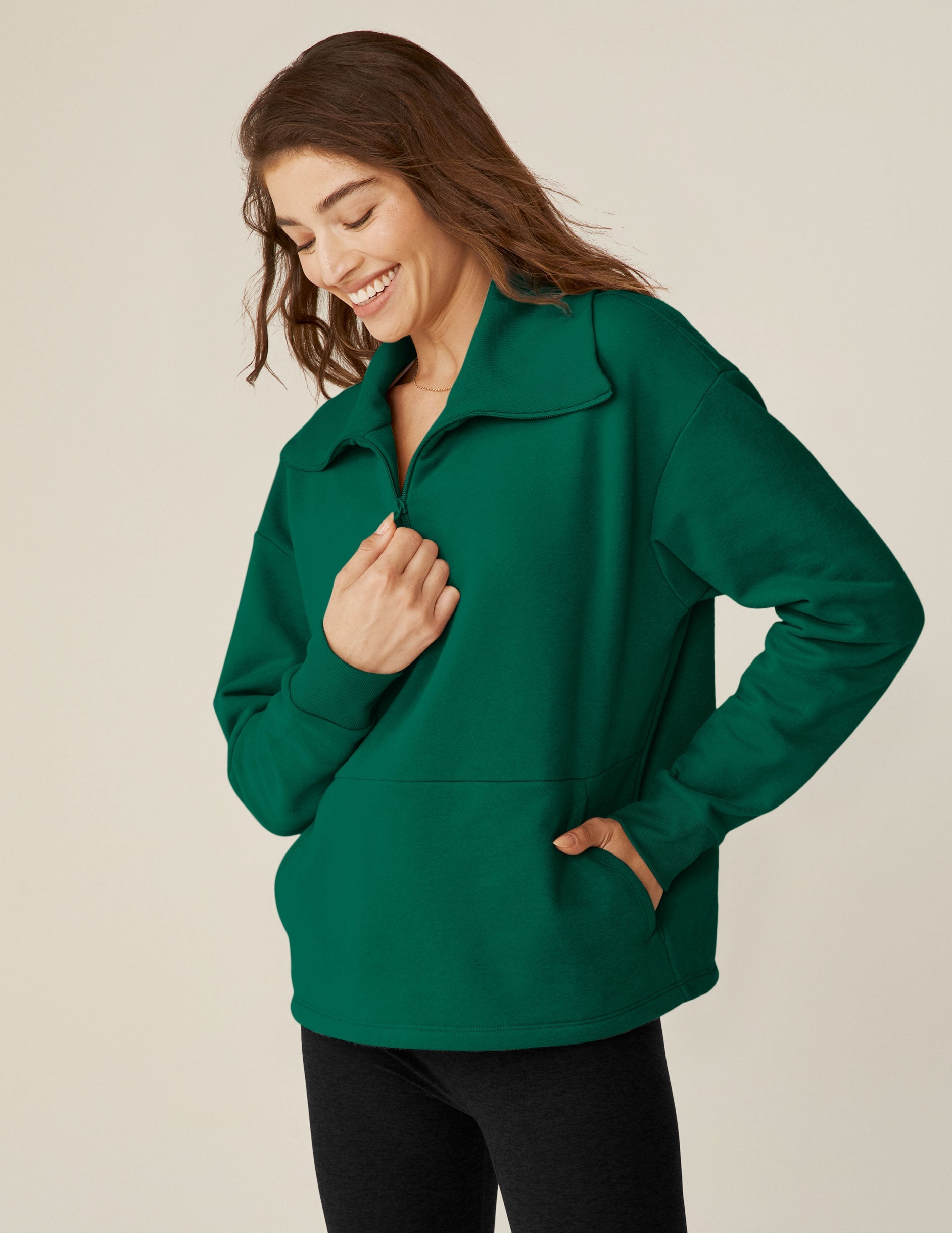 Cozy Meadow Green Quarter-Zip Pullover: LuxeFleece Comfort, Relaxed Fit, Kangaroo Pocket
