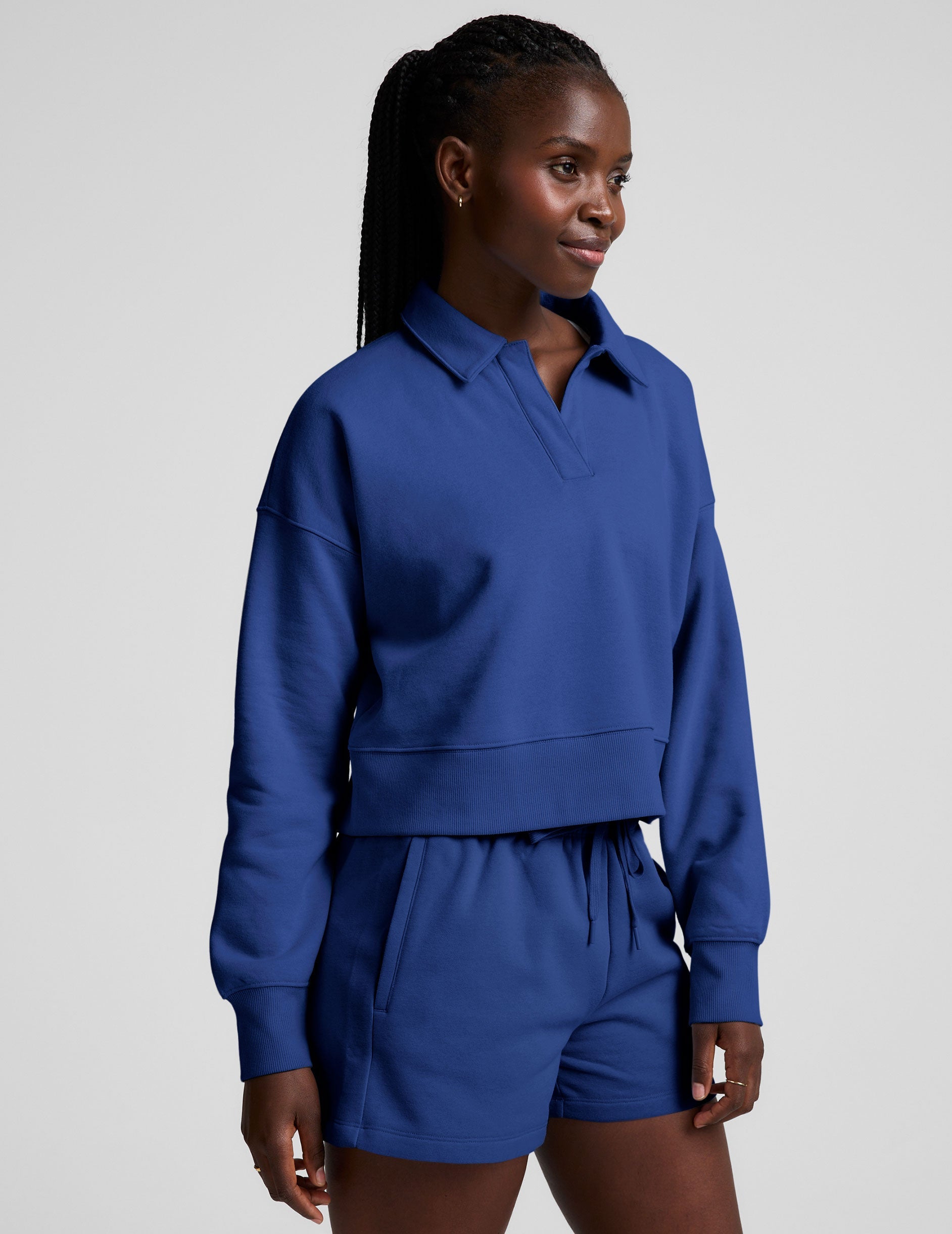 Soft LuxeFleece Collared Sweatshirt for Women, Cropped Fit, Marine Blue