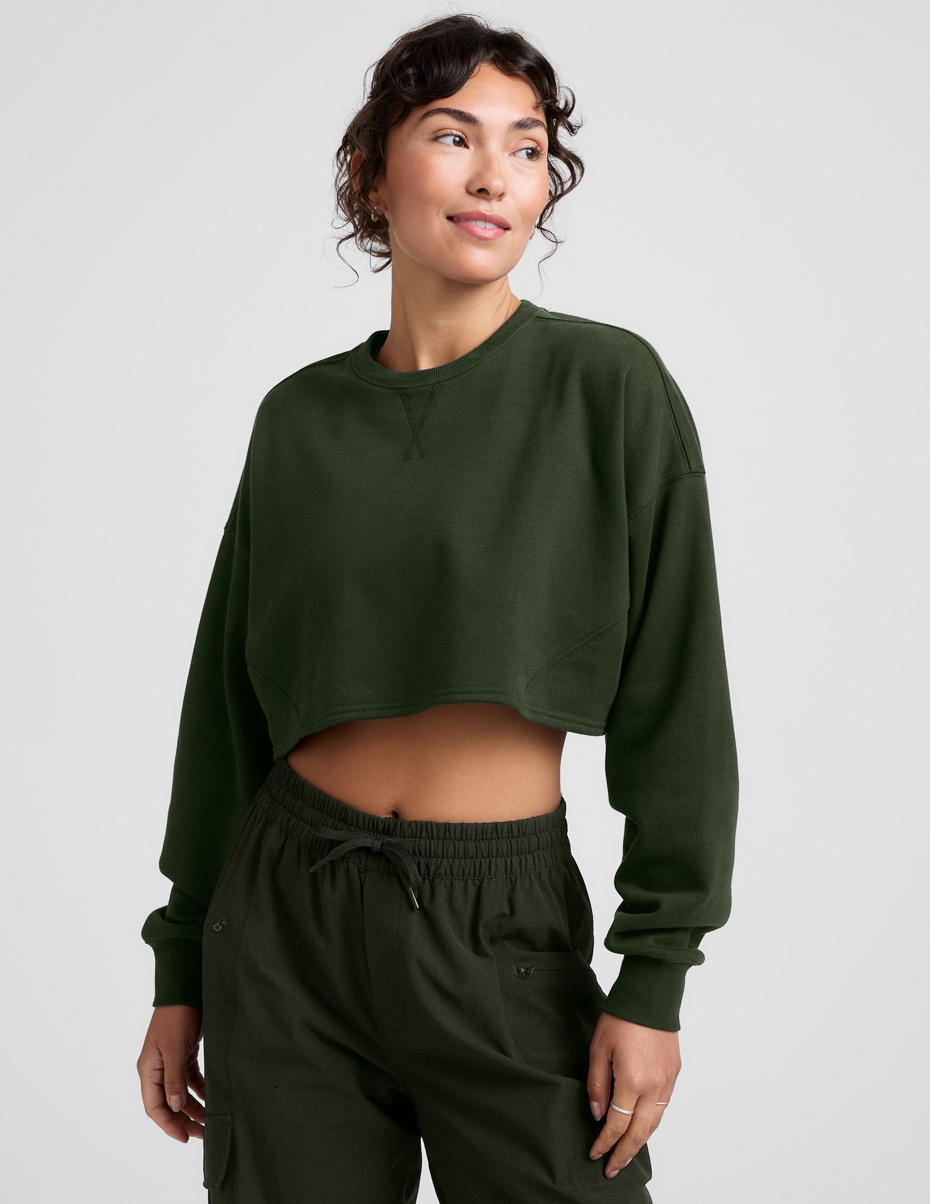 Ultra-Cropped LuxeFleece Boxy Pullover: Cozy Dark Olive Sweatshirt for Ultimate Relaxation