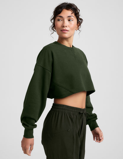 Ultra-Cropped LuxeFleece Boxy Pullover: Cozy Dark Olive Sweatshirt for Ultimate Relaxation