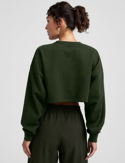 Ultra-Cropped LuxeFleece Boxy Pullover: Cozy Dark Olive Sweatshirt for Ultimate Relaxation
